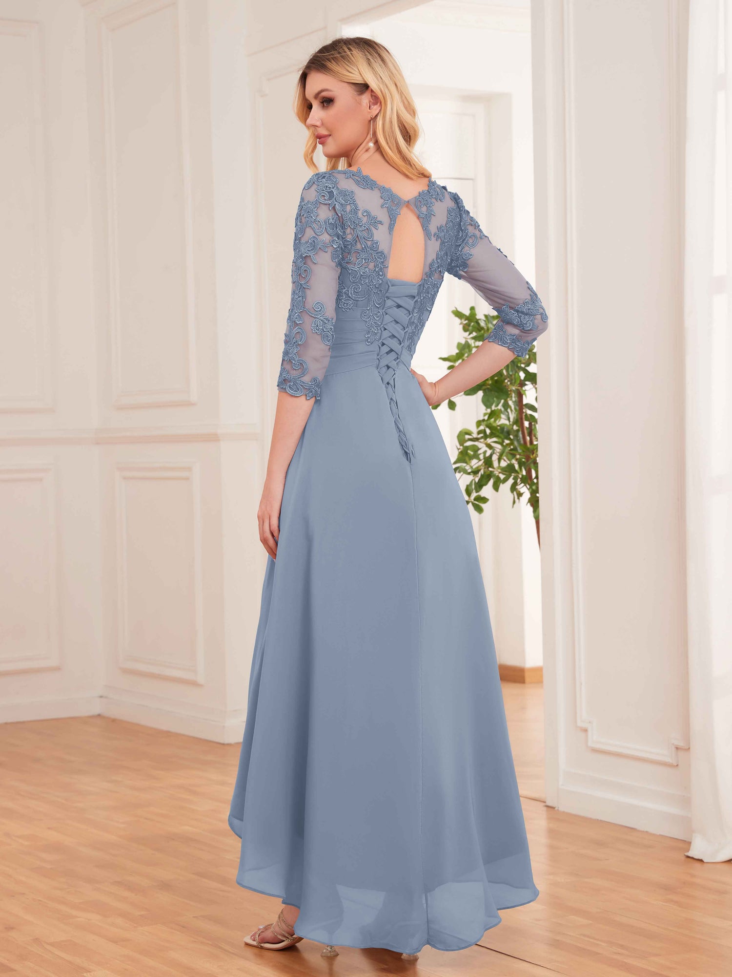 Emersyn Elegant Illusion Half Sleeves High Low Lace Bridesmaid Dresses