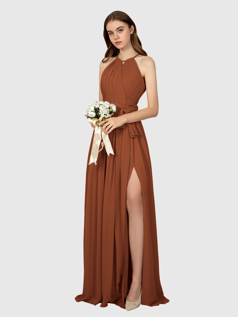 Halter Chiffon Bridesmaid Dress with Slit Sunset