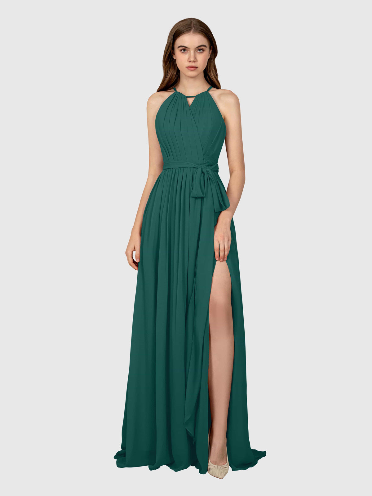 Halter Chiffon Bridesmaid Dress with Slit Emerald