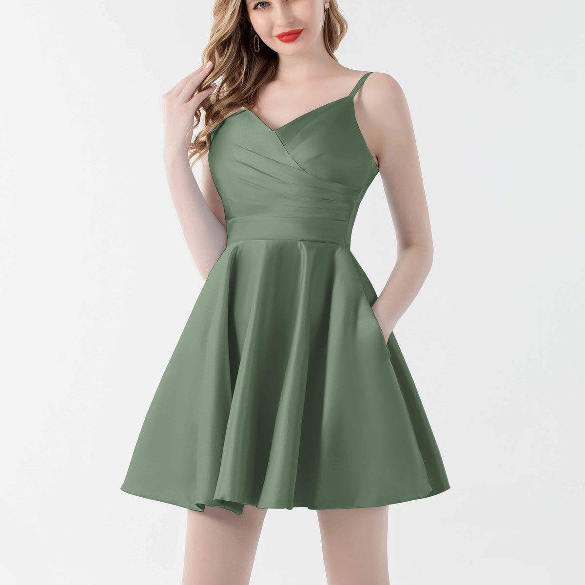 homecoming dress shops in georgia Charming V Neck Ruched Mini Satin Dresses, Eucalyptus Up to 40% Off