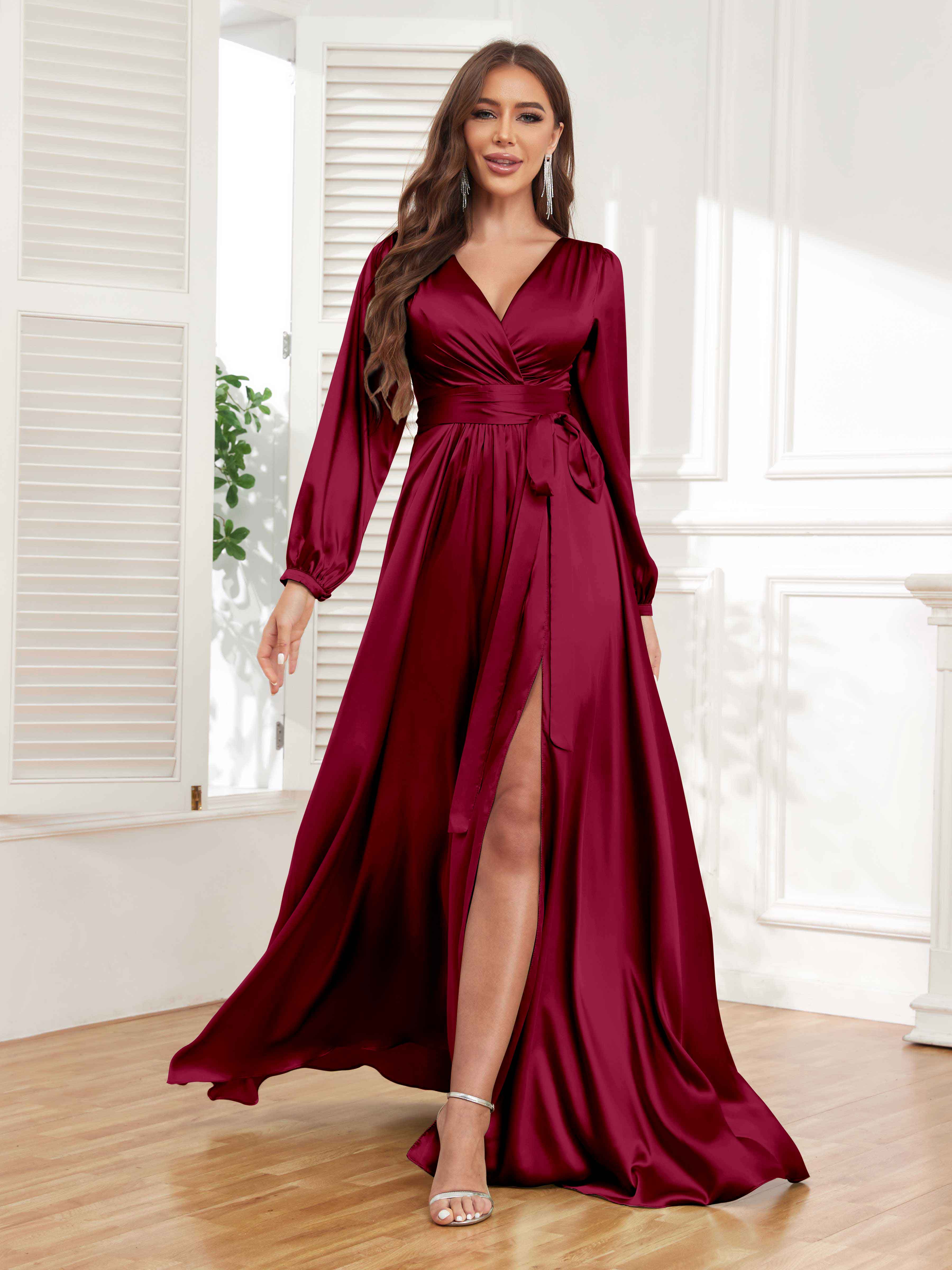 Gia Chic A Line Pleated Long Sleeves Satin Formal Dresses