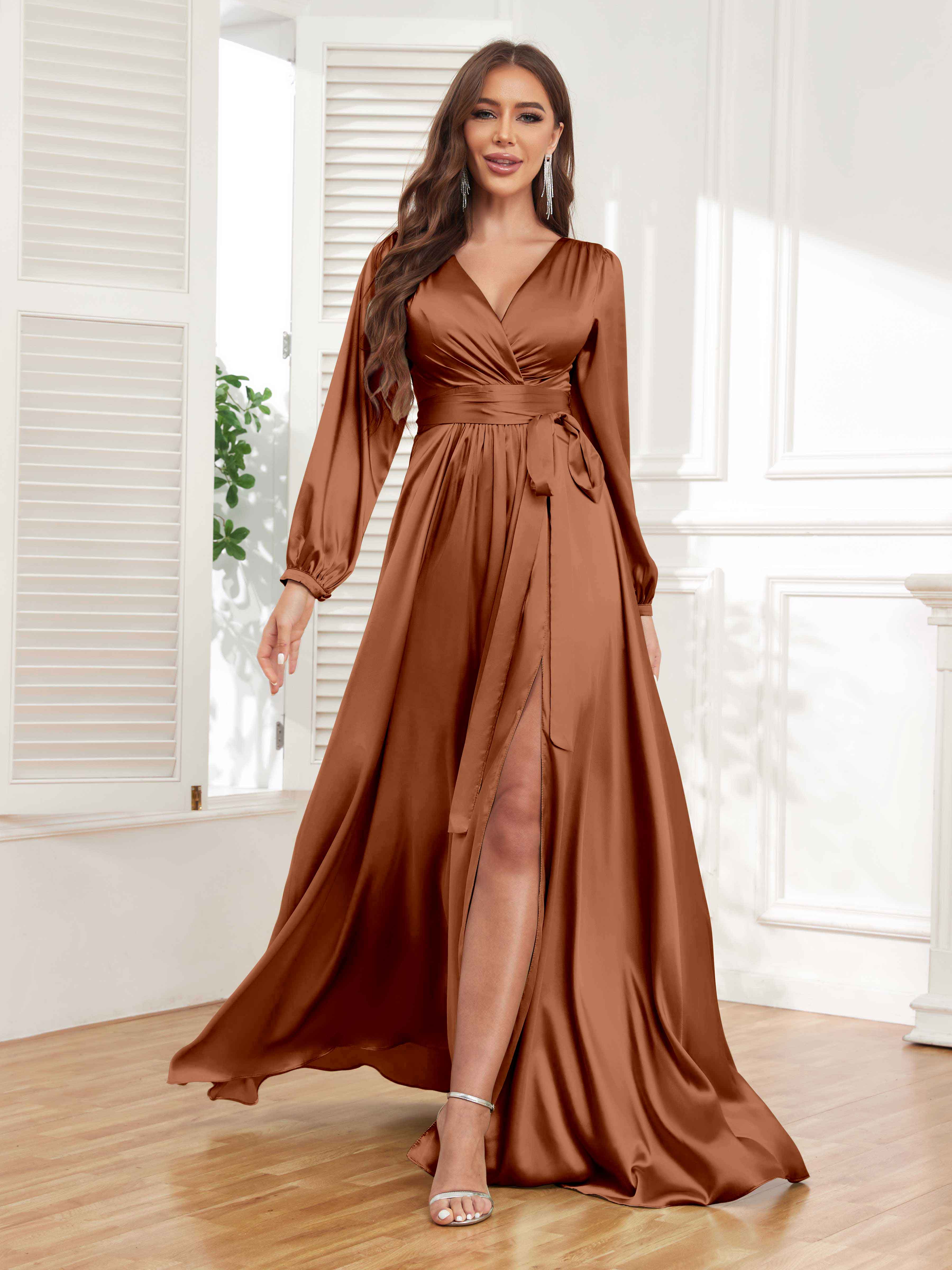 Myla Stylish Off The Shoulder Slit Long Satin Bridesmaid Dresses, Burnt Orange