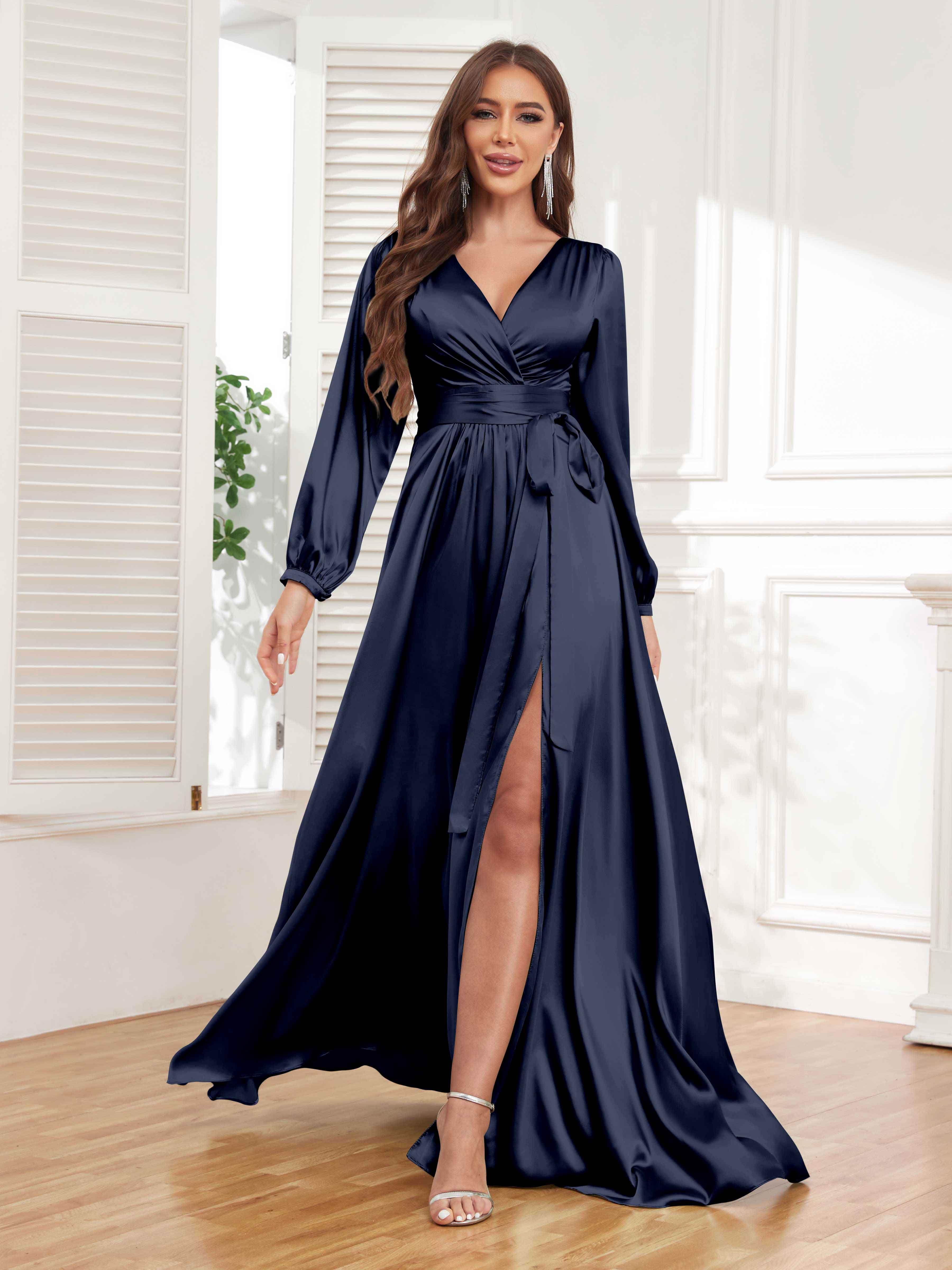 GIA Chic A Line Pleated Long Sleeves Satin Formal Dresses Navy Blue