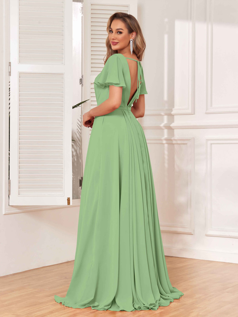 Pleated V-Neck A-Line Chiffon Bridesmaid Dress in Terracotta