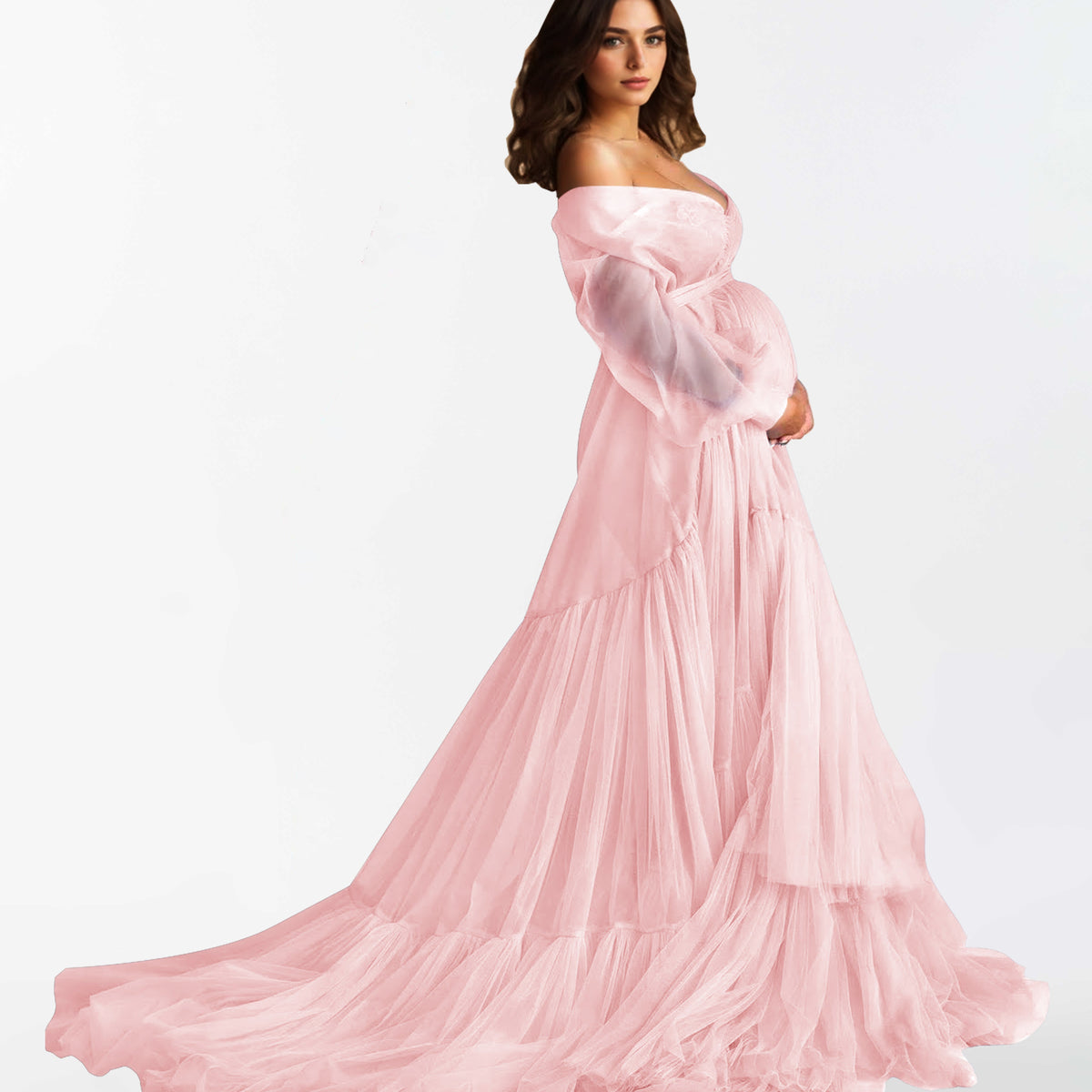 maternity deep v-neck buttons long sleeve ruffled photoshoot dress Harlow Elegant V Neck Ruffles Long Sleeve Maternity Dress for Photoshoot