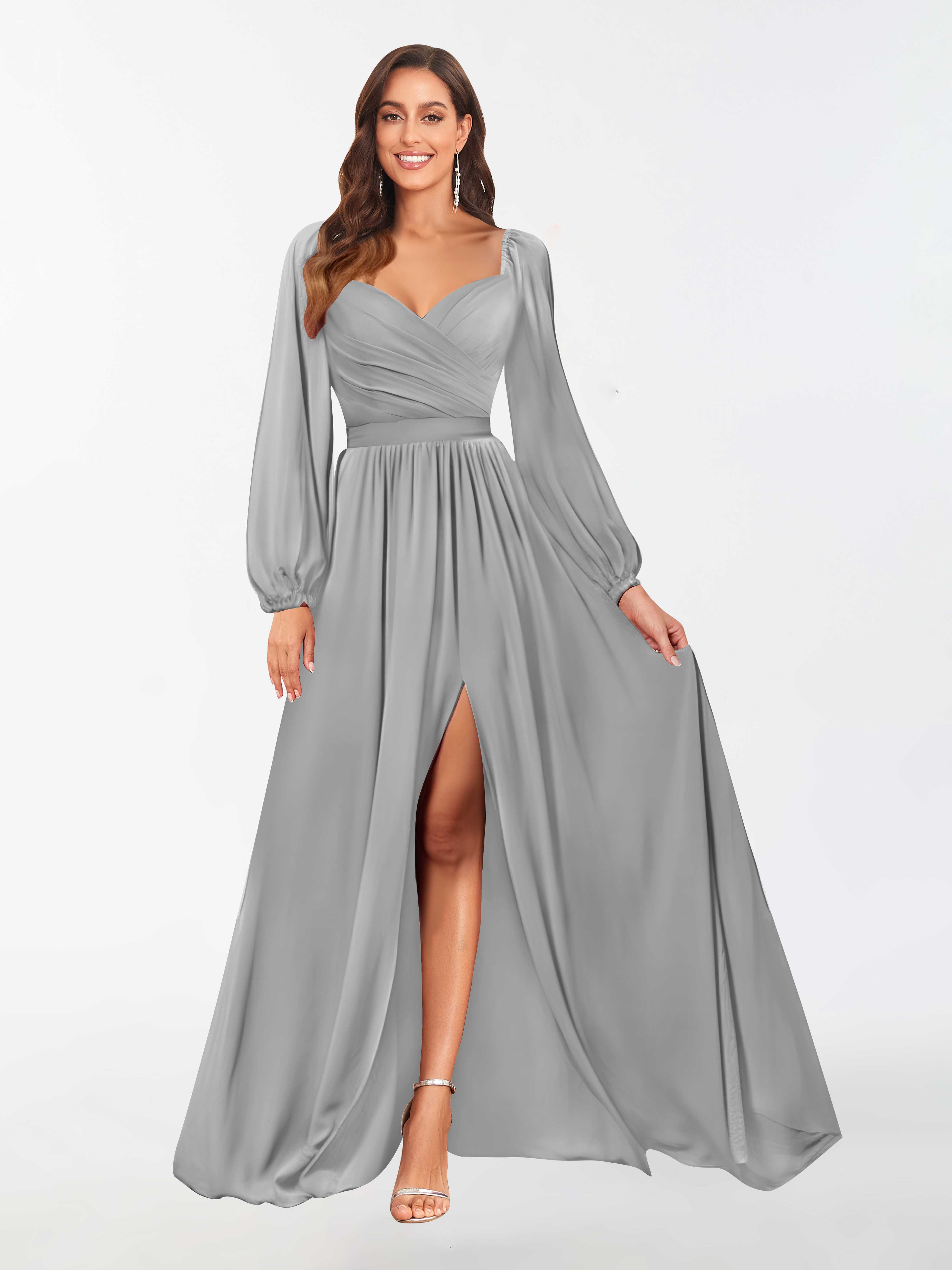 Hope Dreamy Long Sleeves Slit Floor Length Chiffon Bridesmaid Dresses