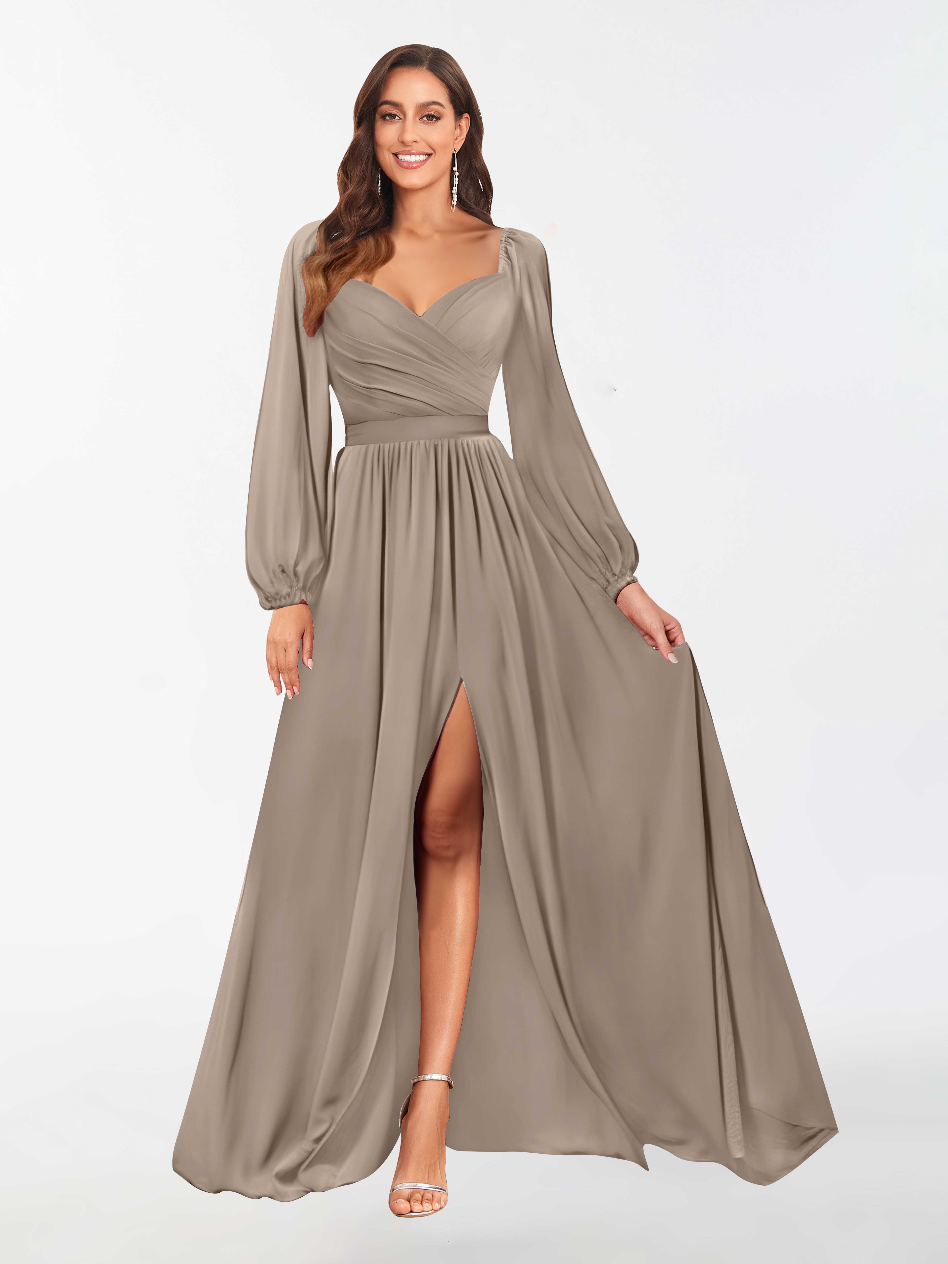 Taupe Chiffon Floor Length Dresses