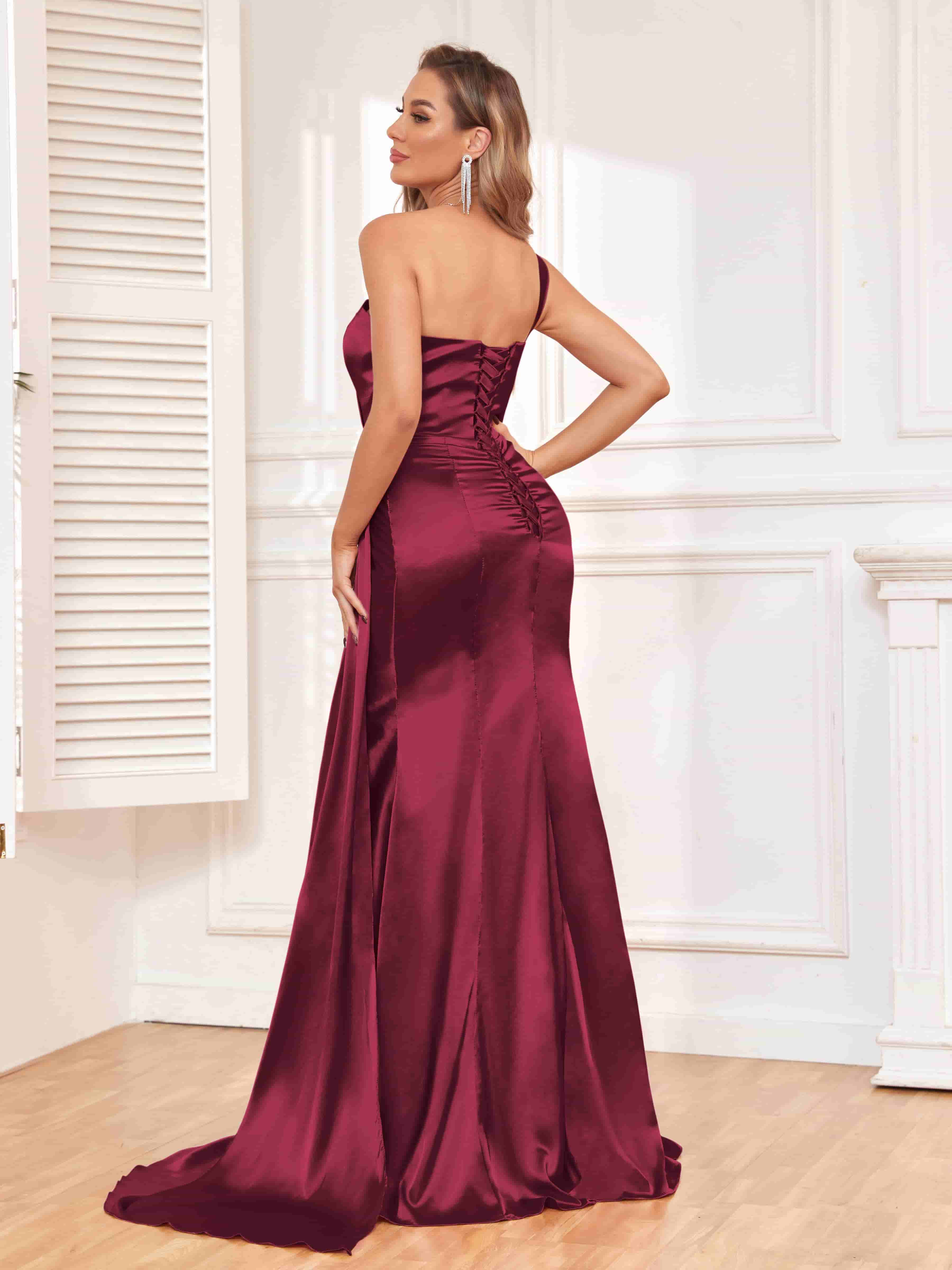 Isla Trendy One Shoulder Pleats Slit Satin Dresses