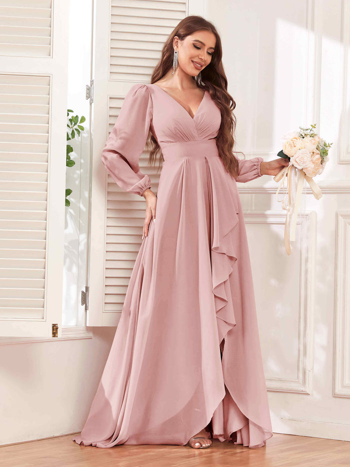 V-neck Chiffon Bridesmaid Dress with Ruffles Dusty Rose main image 1