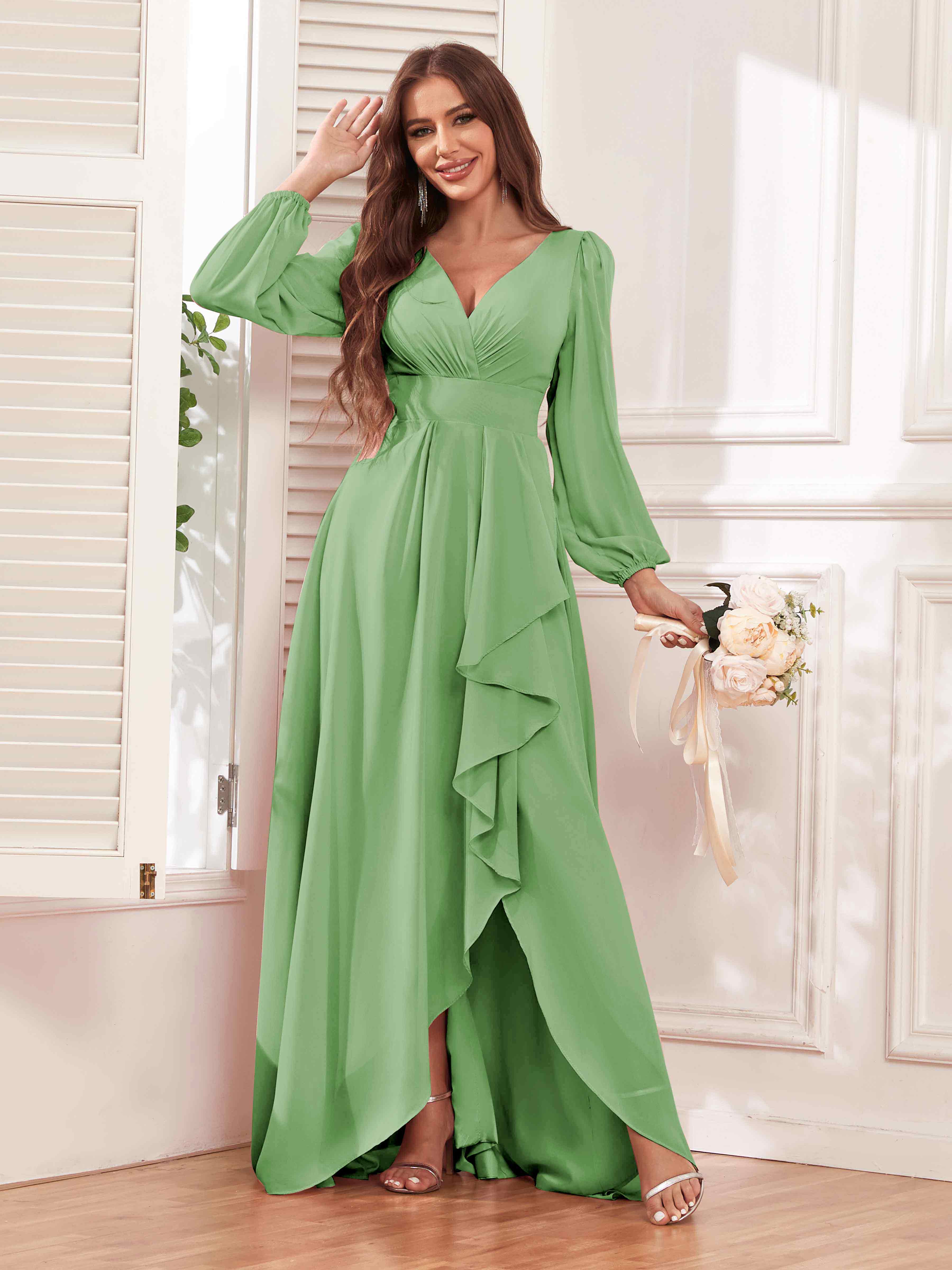 Julianna Modest V Neck Long Sleeves Ruffles Chiffon Bridesmaid Dresses