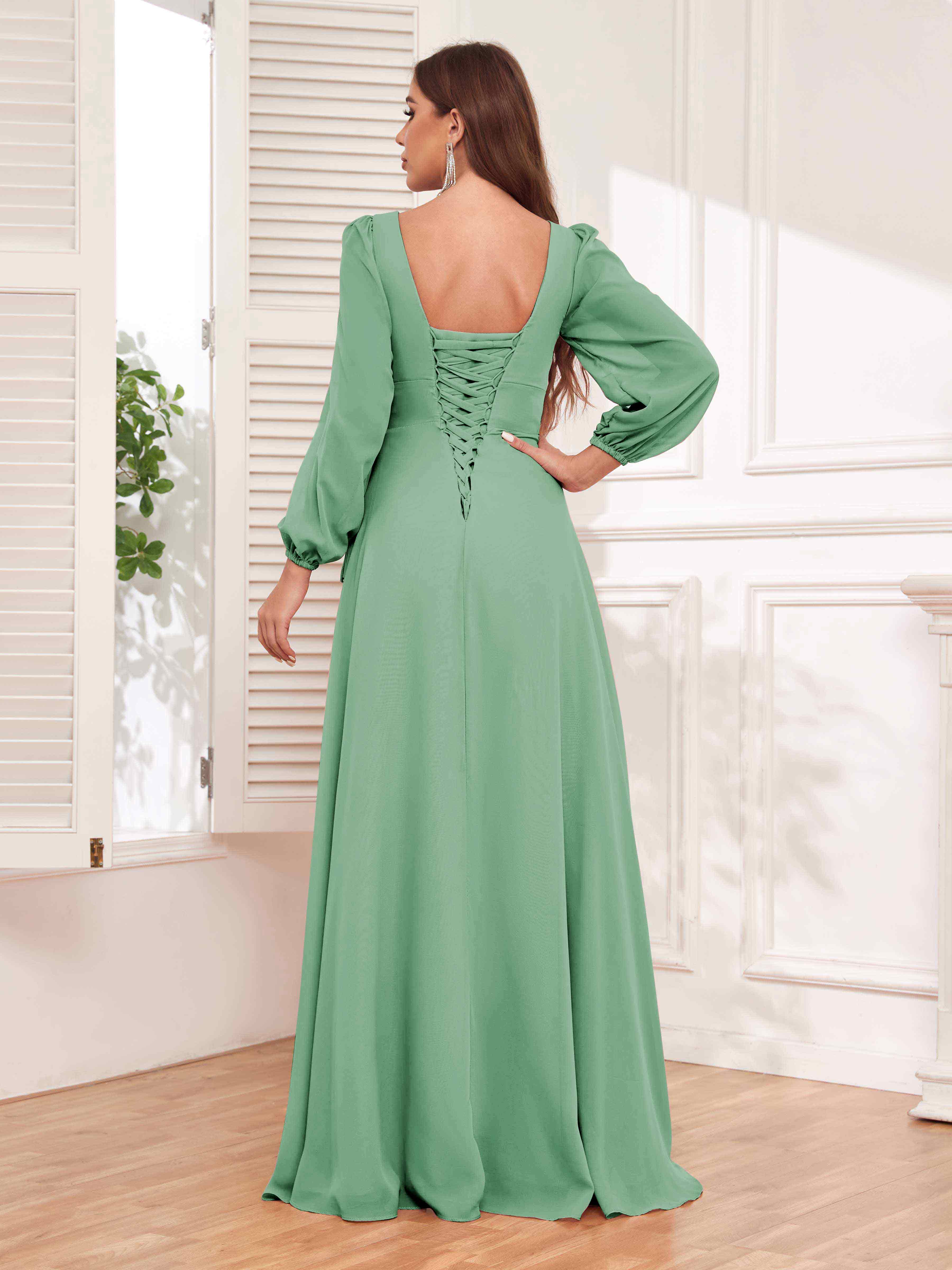 Julianna Modest V Neck Long Sleeves Ruffles Chiffon Bridesmaid Dresses