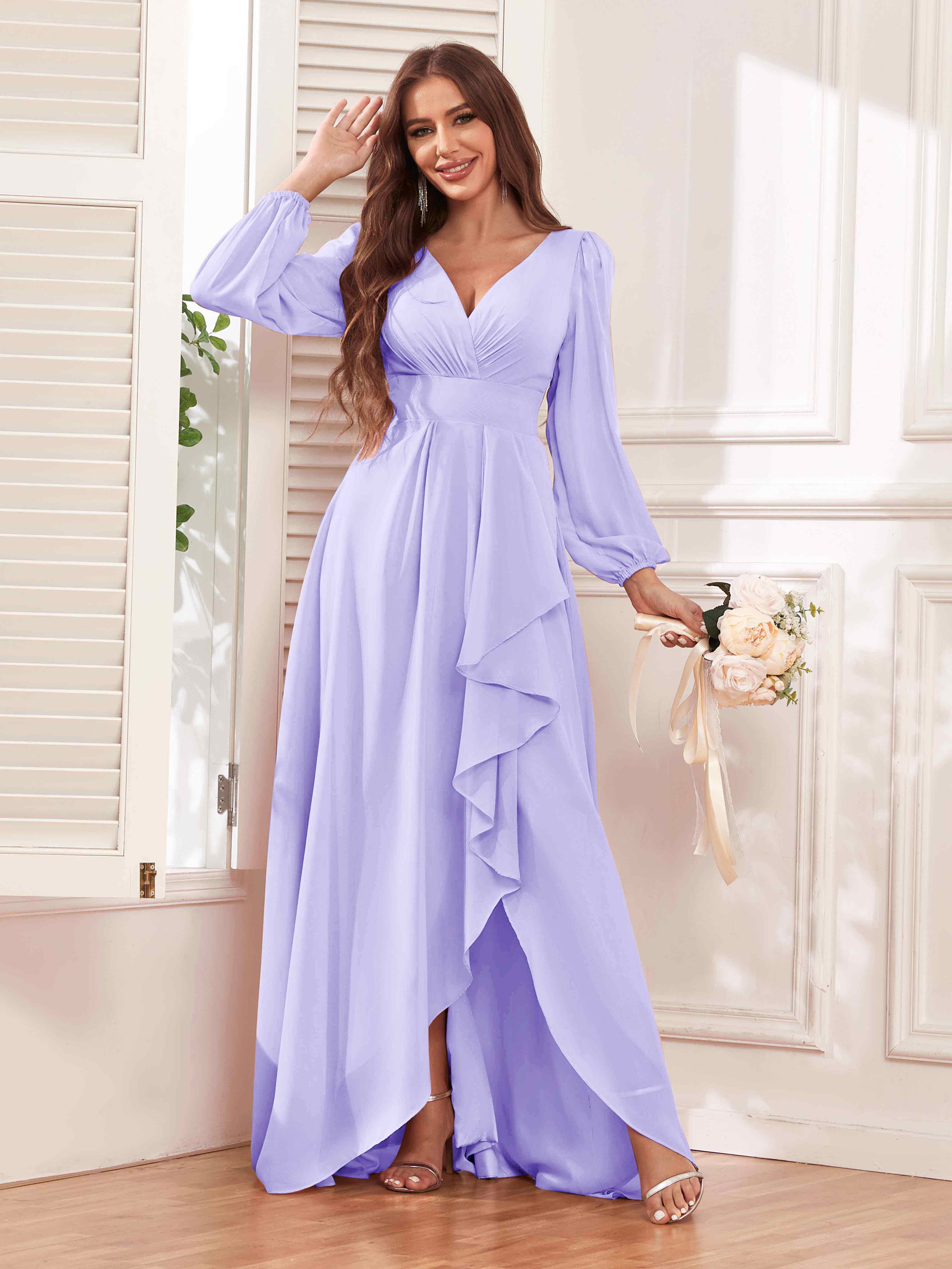 Julianna Modest V Neck Long Sleeves Ruffles Chiffon Bridesmaid Dresses