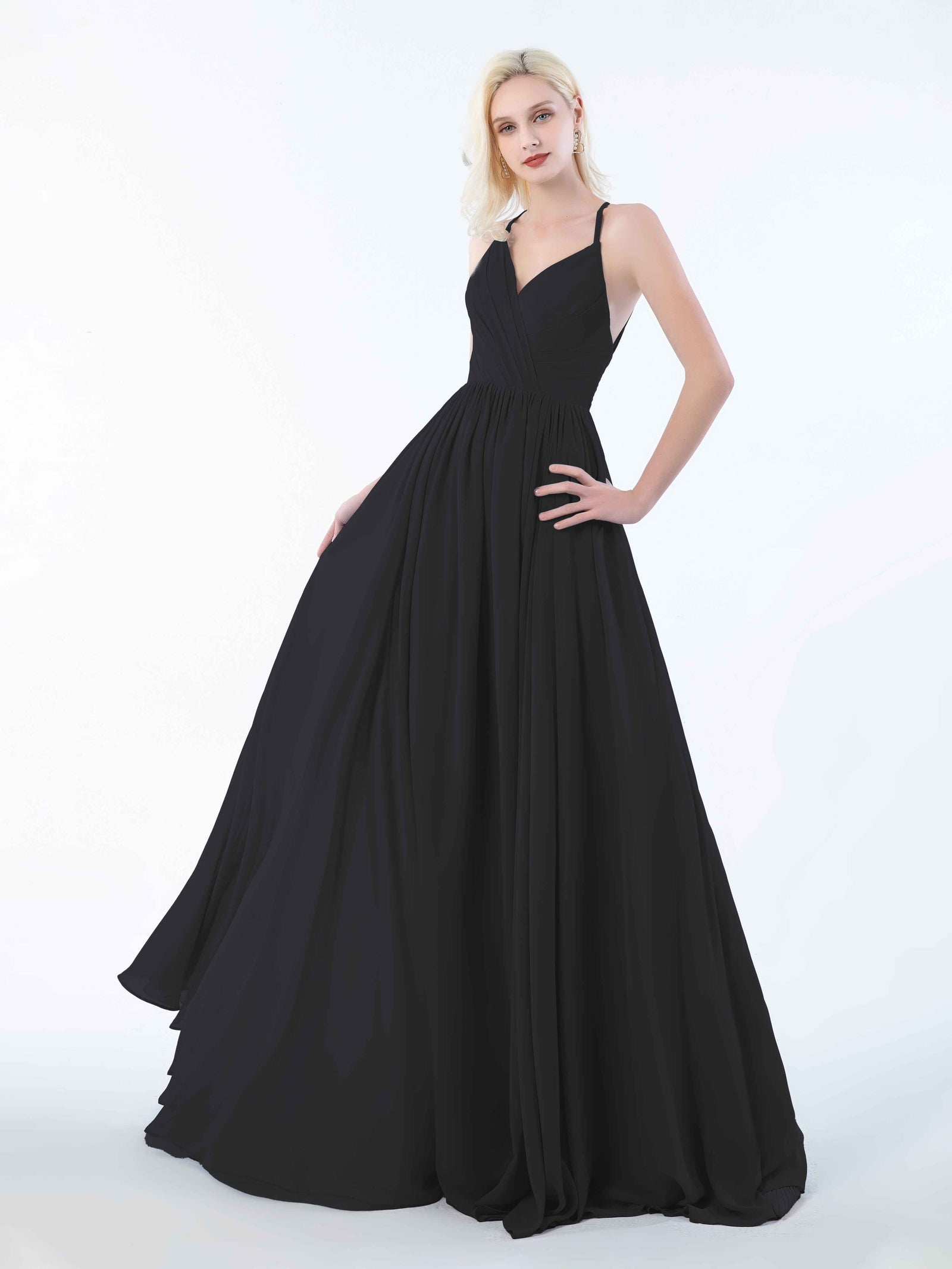 Spaghetti Strap Chiffon Bridesmaid Gown with V Neck Black