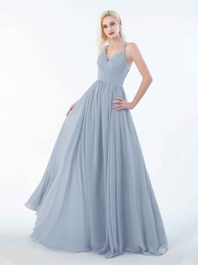 Spaghetti Strap Chiffon Hang Neck Bridesmaid Dress - Dusty Blue