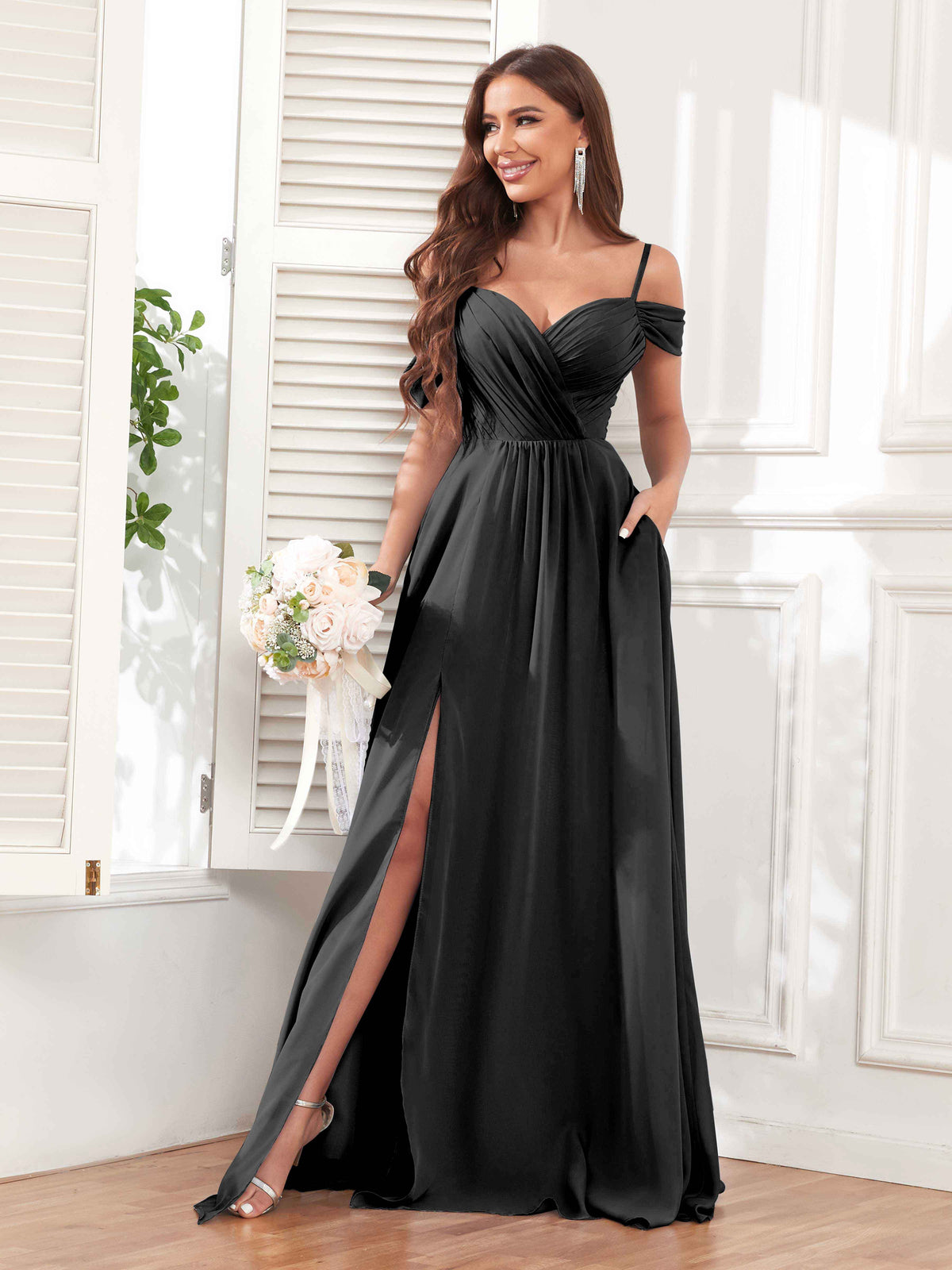 Long Chiffon Bridesmaid Dresses with Spaghetti Strap Dusty Rose