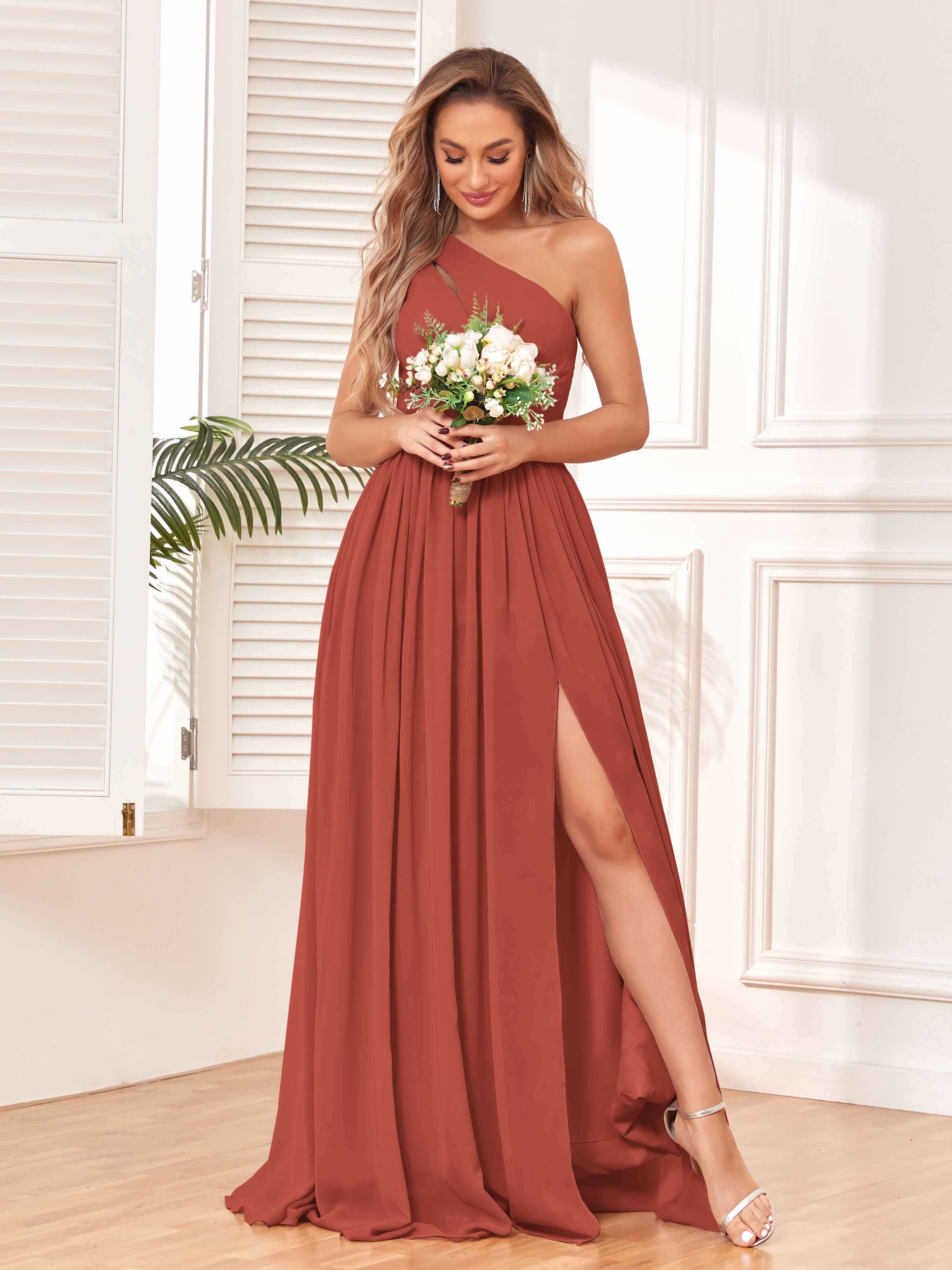 Mismatched Rust Red A-line Elegant With Belt Long Bridesmaid Dress, BD –  SposaBridal