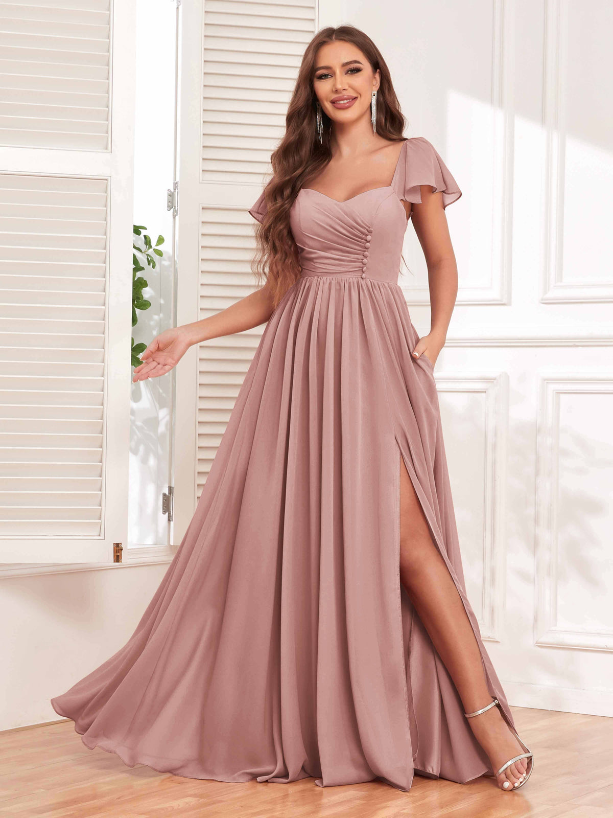 Leia Modest Sweetheart Pleated Chiffon Maid of Honor Bridesmaid Dresse