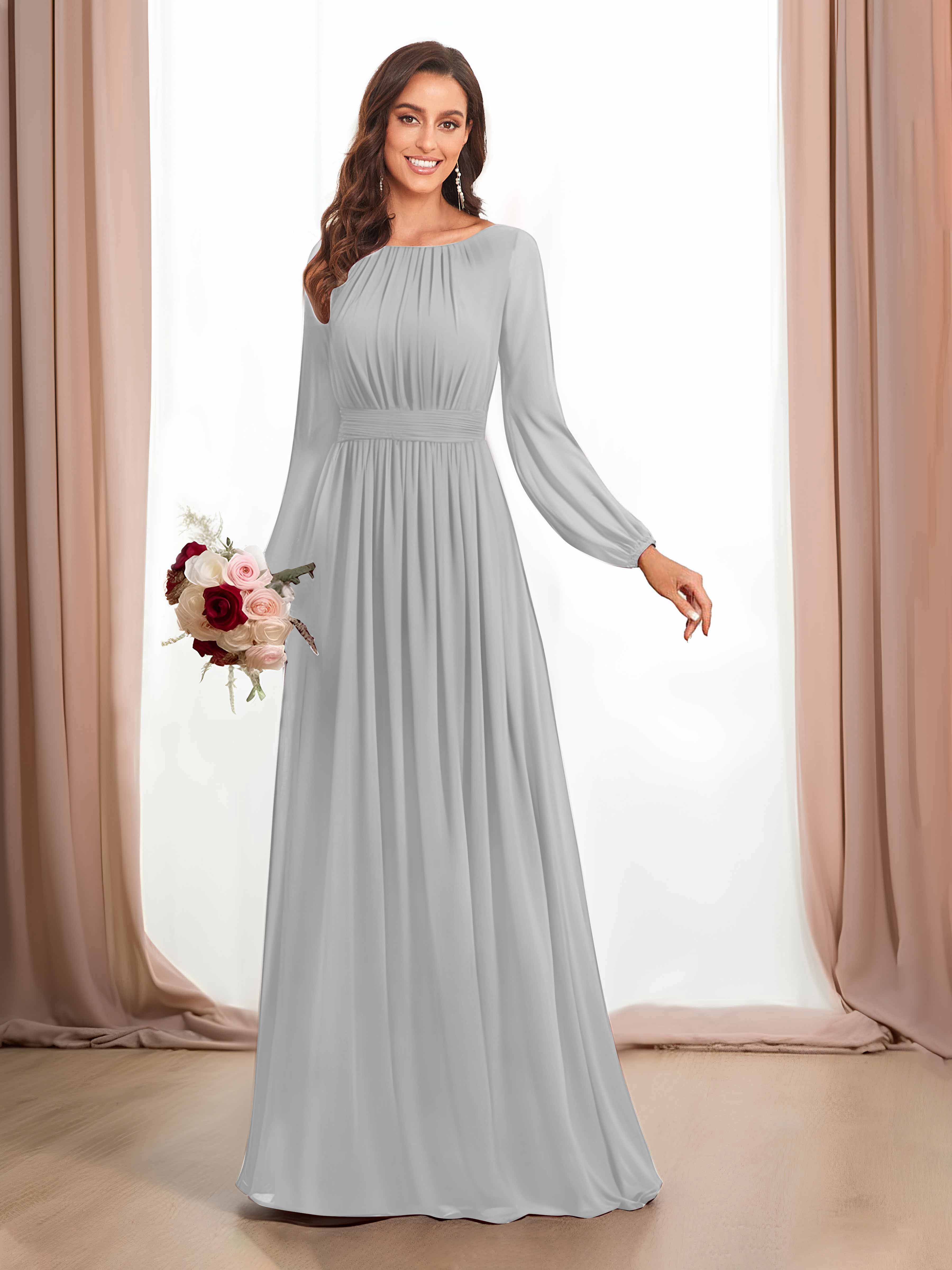 Lila Charming Long Sleeves Floor Length Chiffon Bridesmaid Dresses