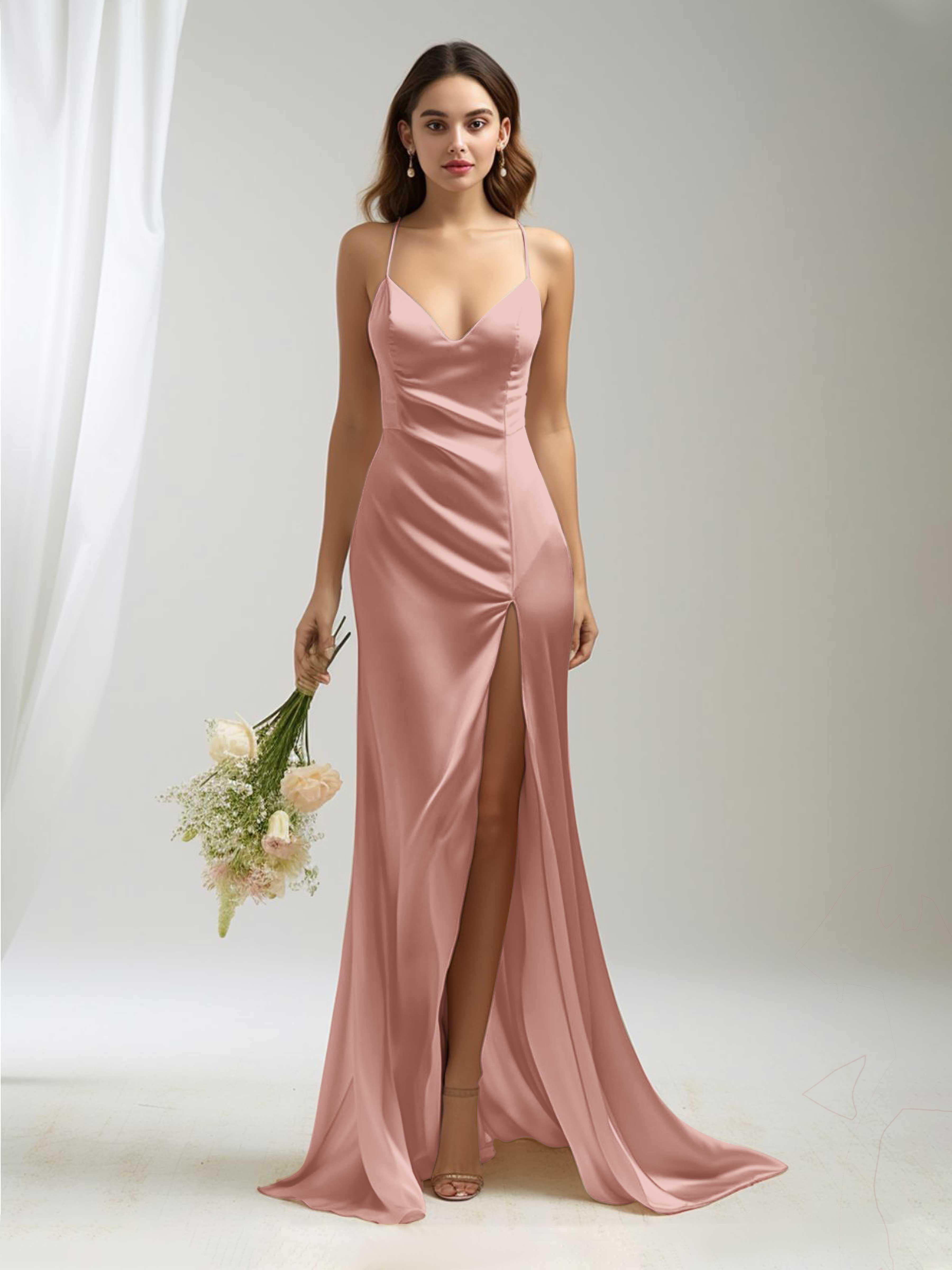 Lilah Casual V Neck Slit Open Back Long Satin Dresses