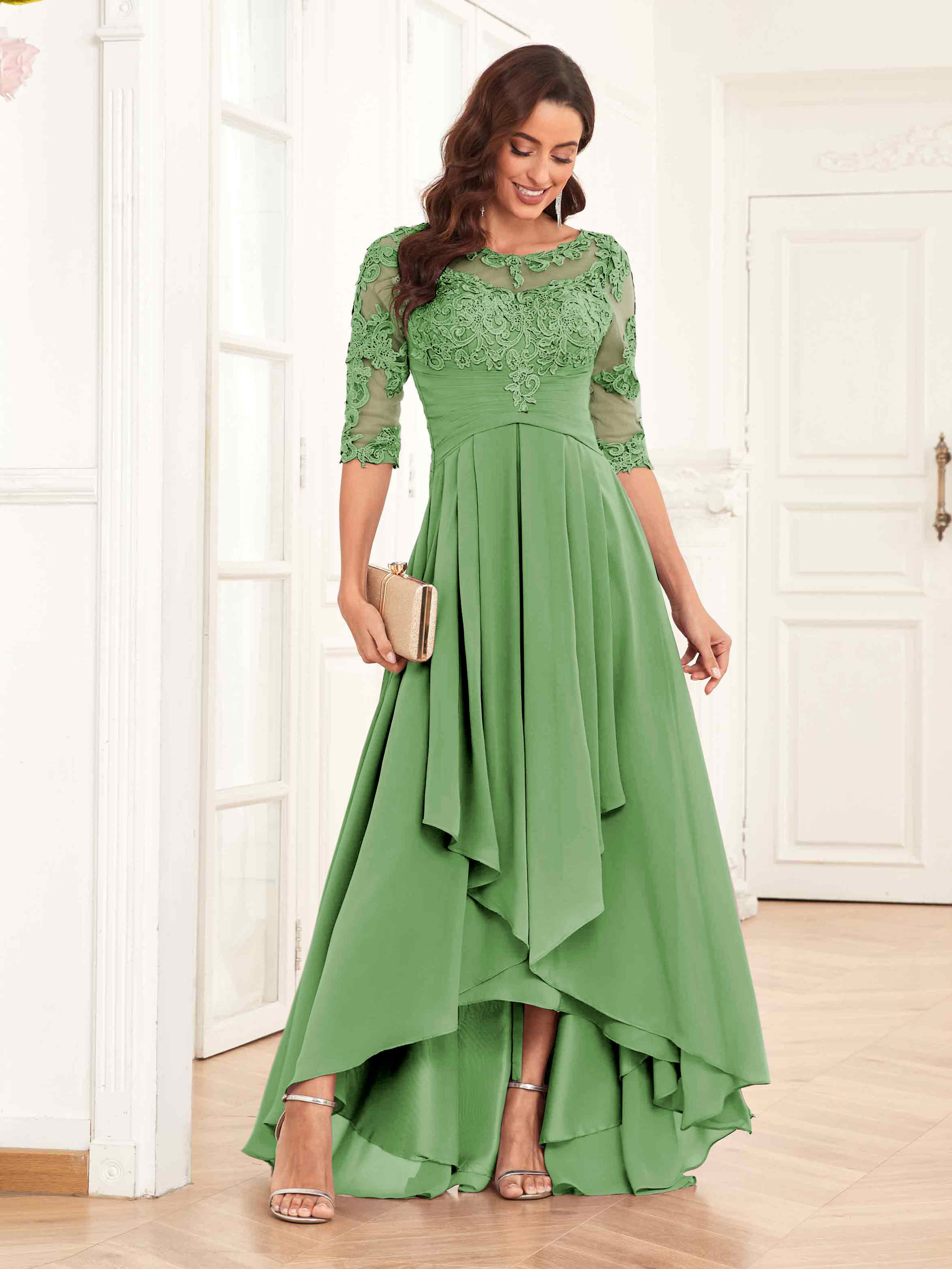 Lilith Delicate Half Sleeves Ruched Appliques Maxi Mother of The Bride Groom Dresses Dusty Sage