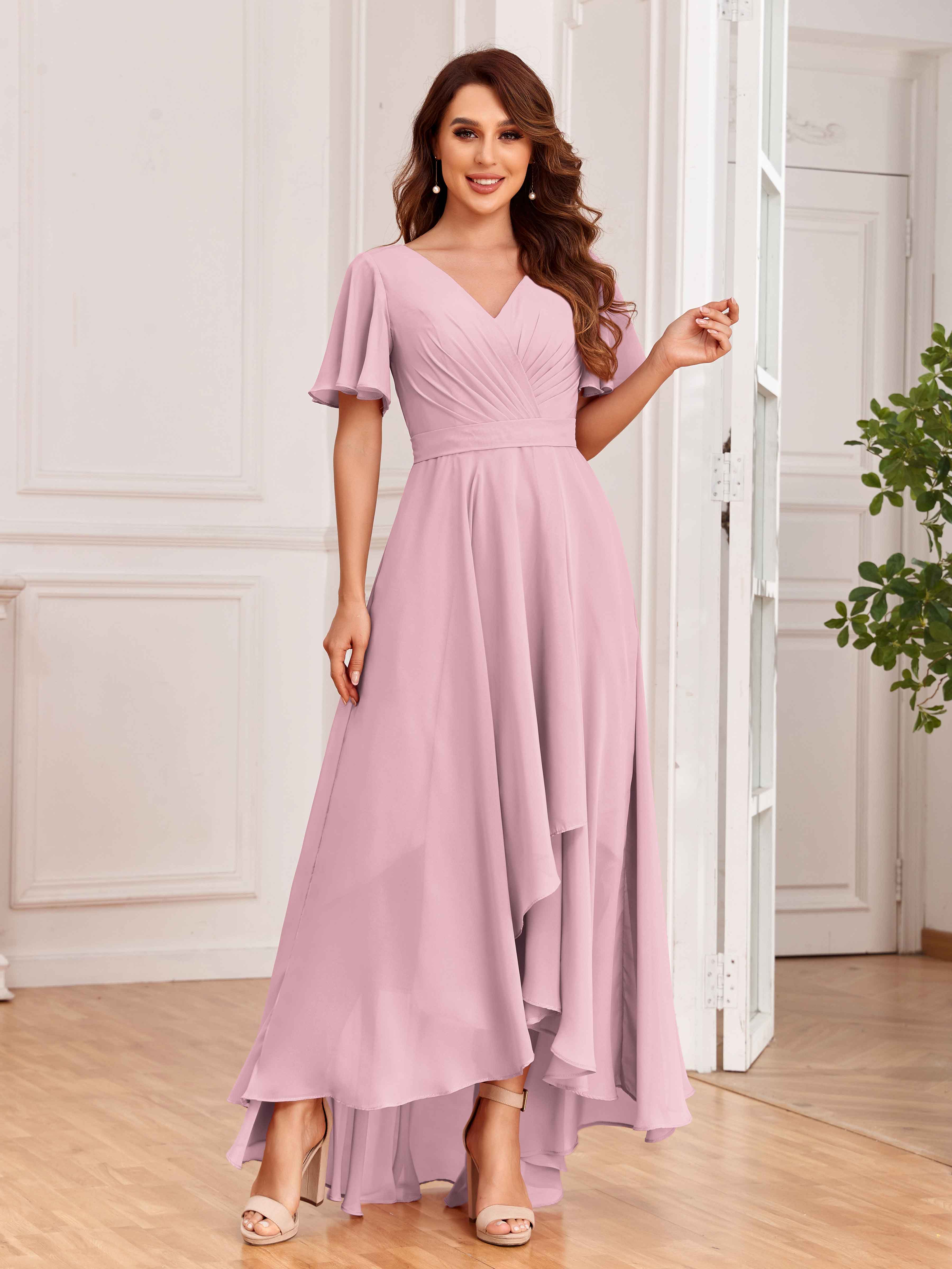 Lyla Cute V Neck Ruffles Floor Length Chiffon Bridesmaid Dresses