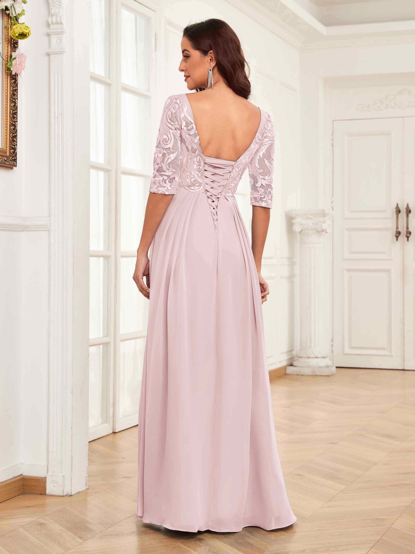 Mother Of The Bride Pearl Pink Dress Illusion Sleeves Sweetheart Lace Appliqued Tea-Length Chiffon Mother Of The Bride Dress