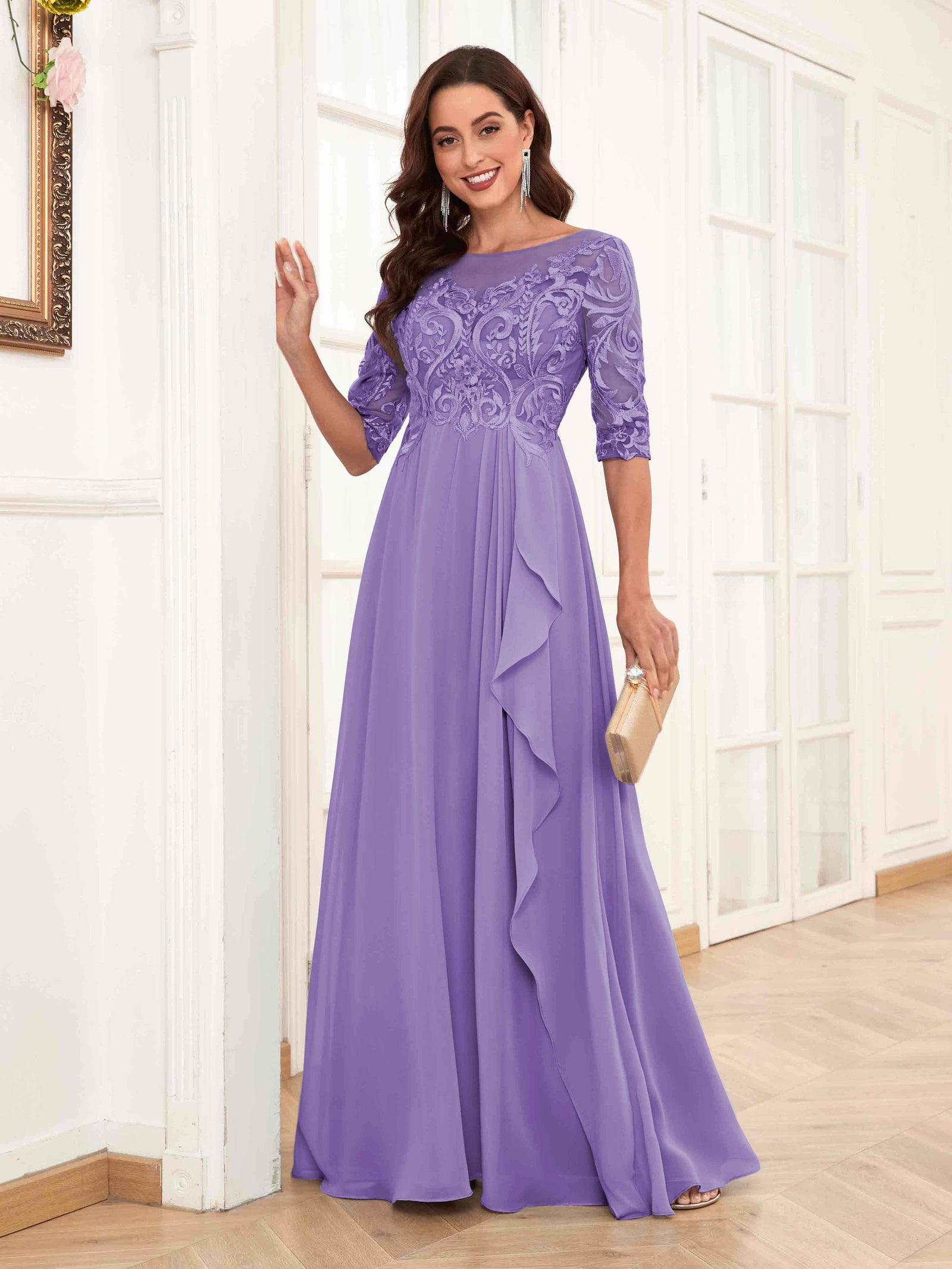 Illusion Lace Floor-length Dress with Half Sleeves Tahiti