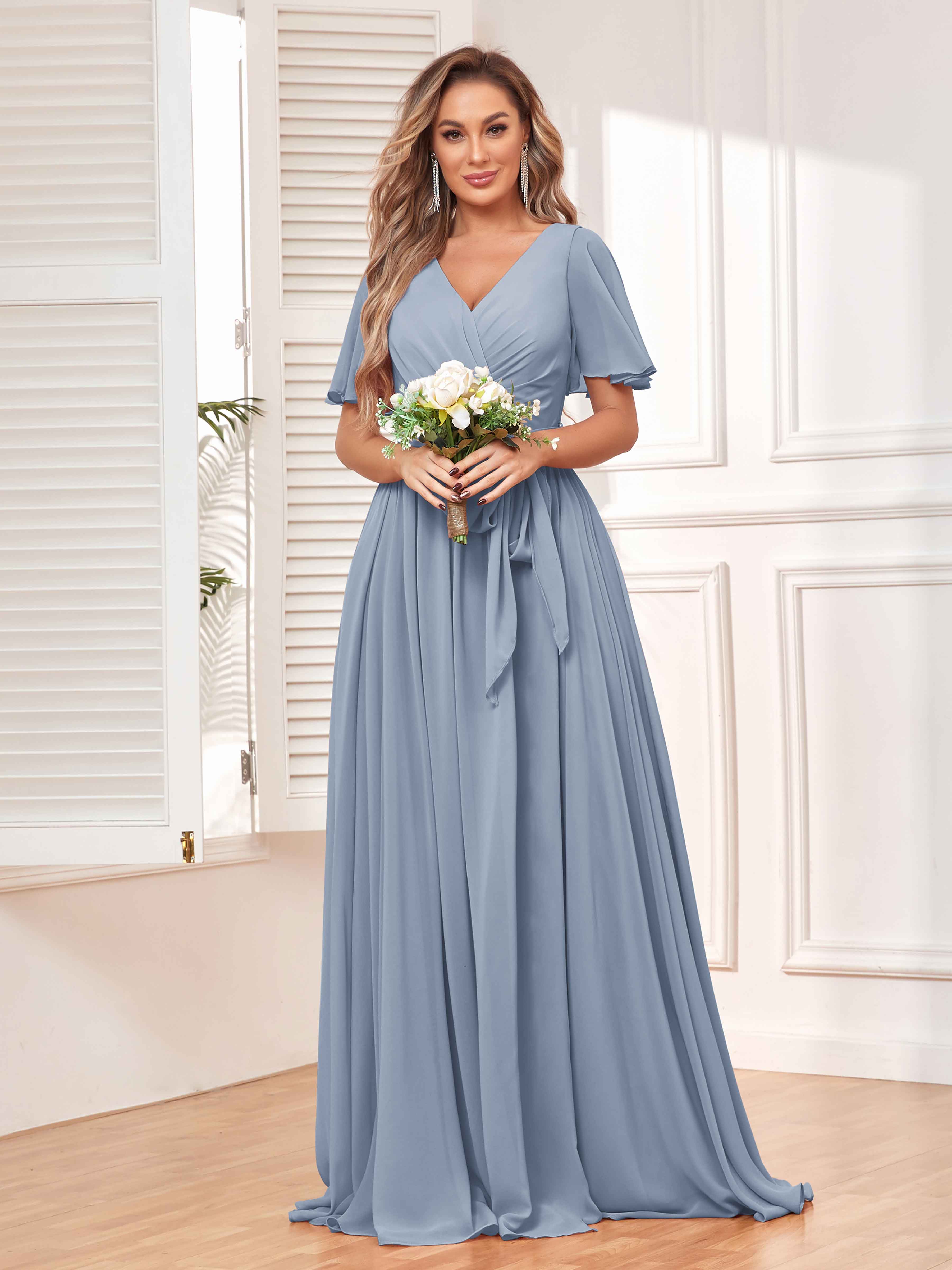 Naomi Modest Short Sleeves Floor Length Bridesmaid Dresses