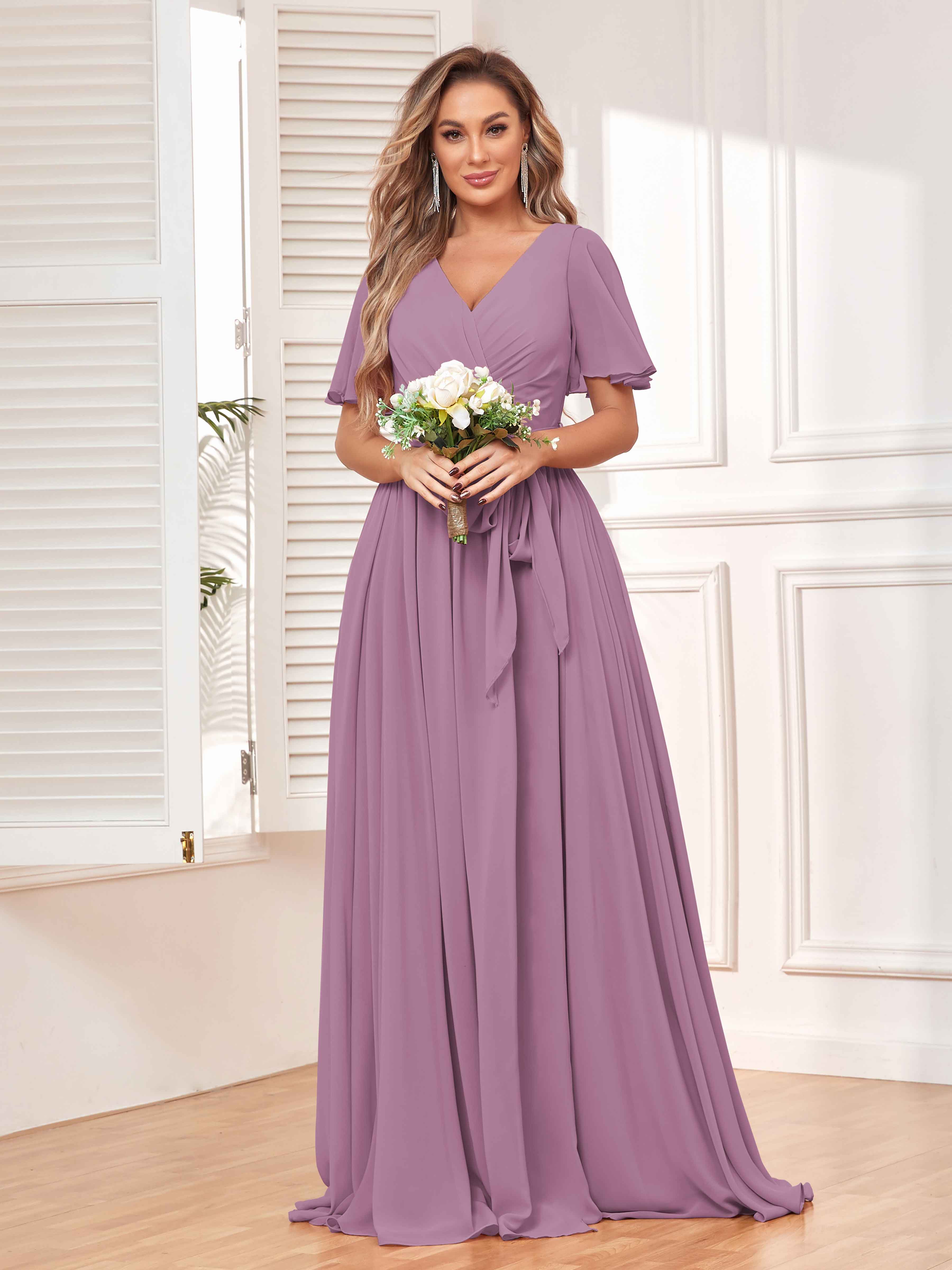 Naomi Modest Short Sleeves Floor Length Bridesmaid Dresses