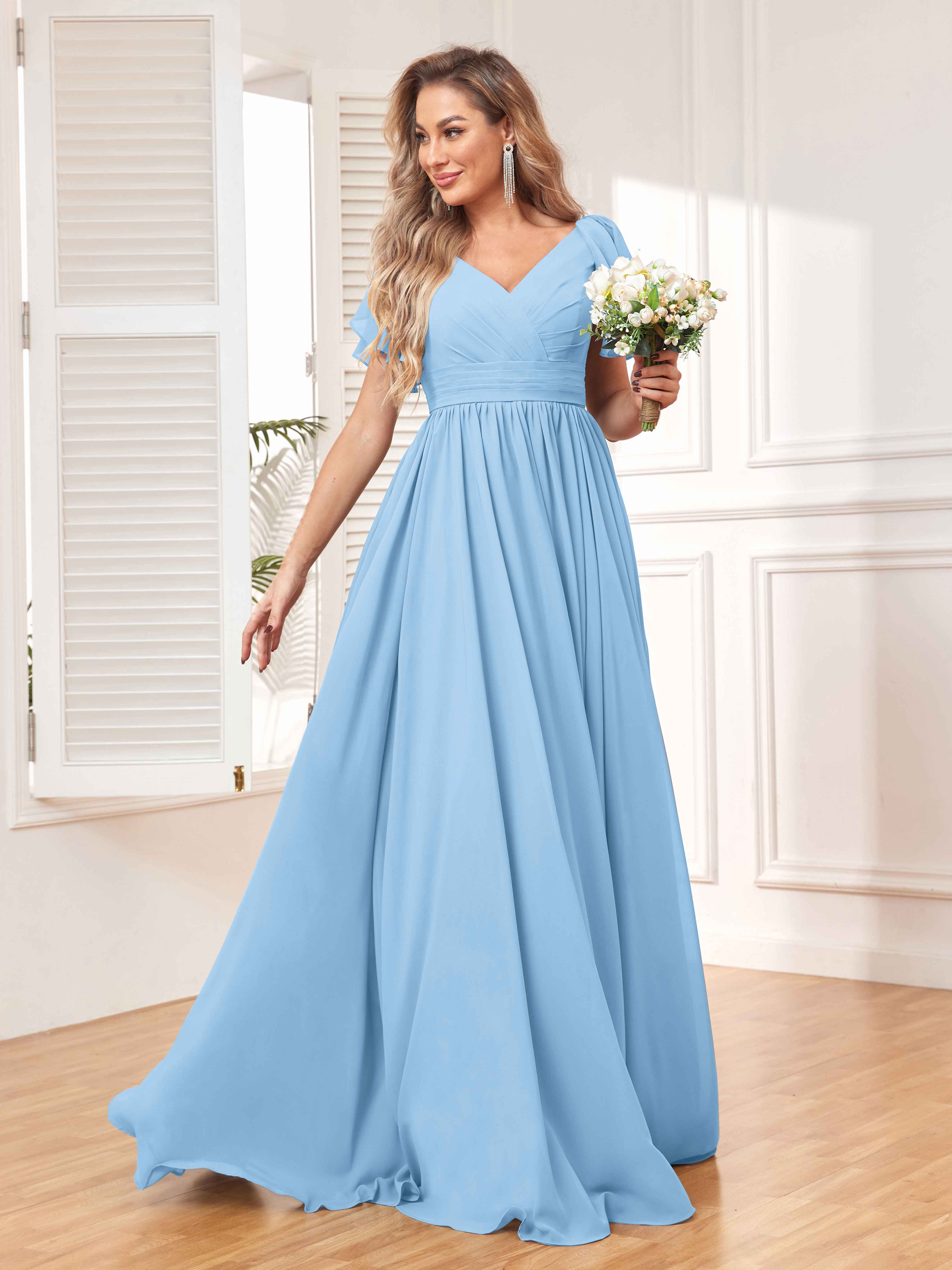 Natalie A-Line Short Sleeves Ruched Chiffon Bridesmaid Dresses