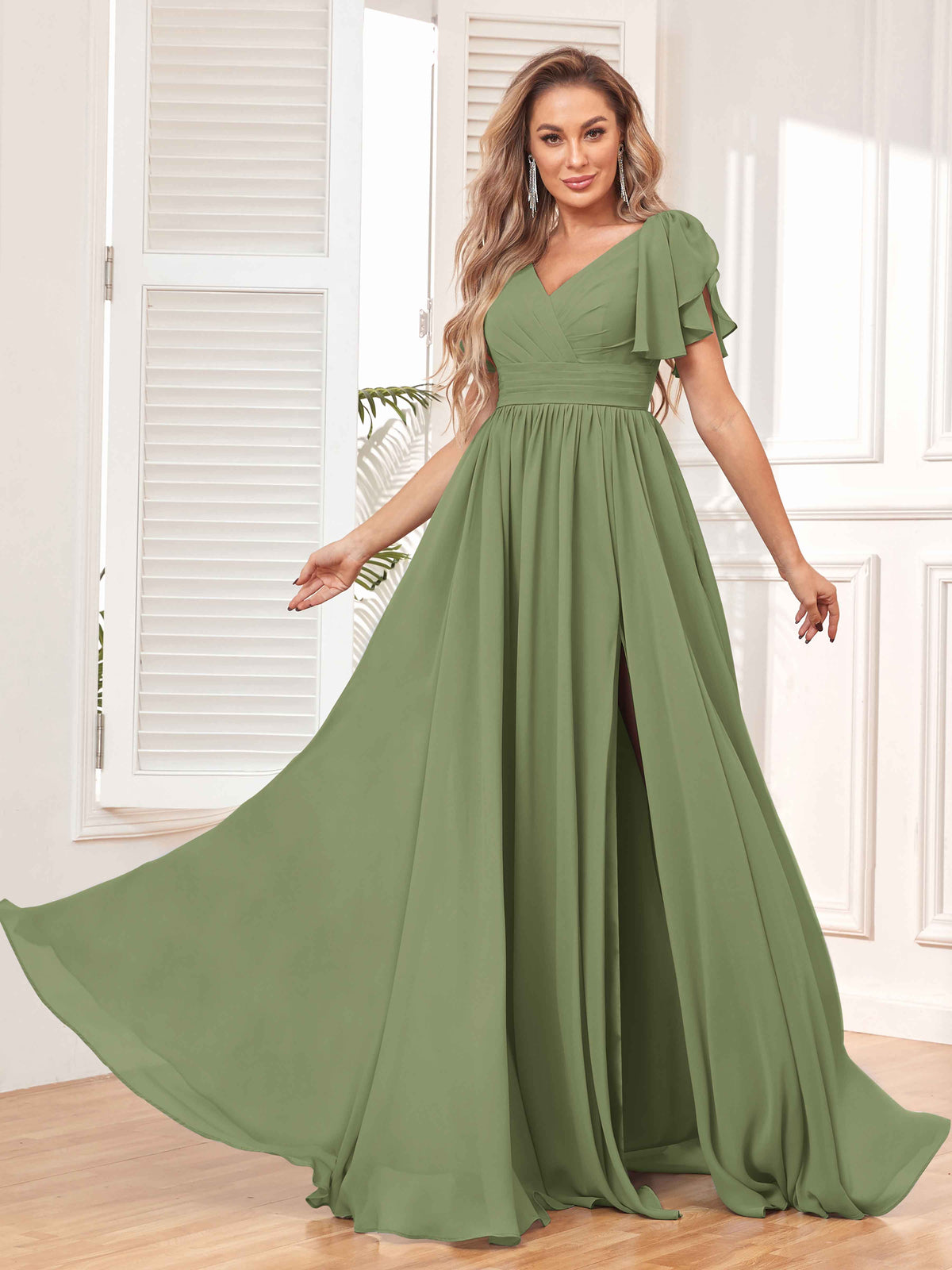 Chiffon A-Line Bridesmaid Dress With Bow - Olive Green