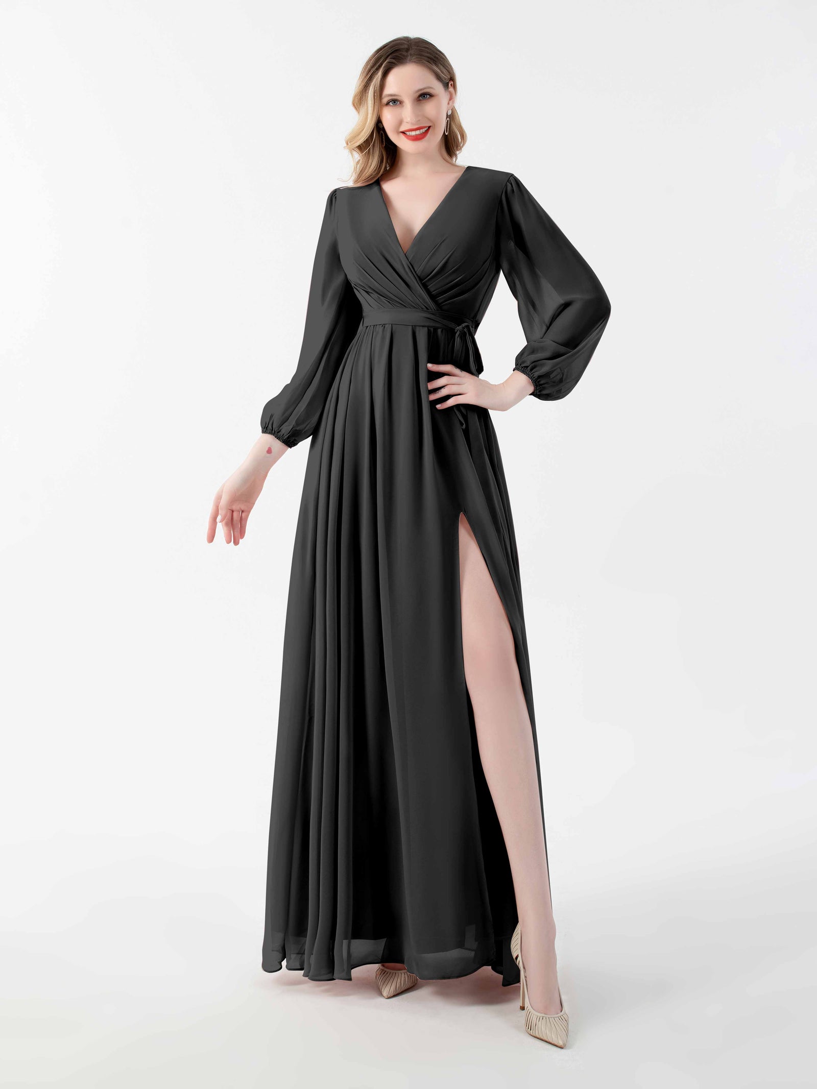 A-Line/Princess/Princess V-Neck Long Sleeves Chiffon Tea-Length Plus Size Bridesmaid Dresses with Pockets & Ruffles