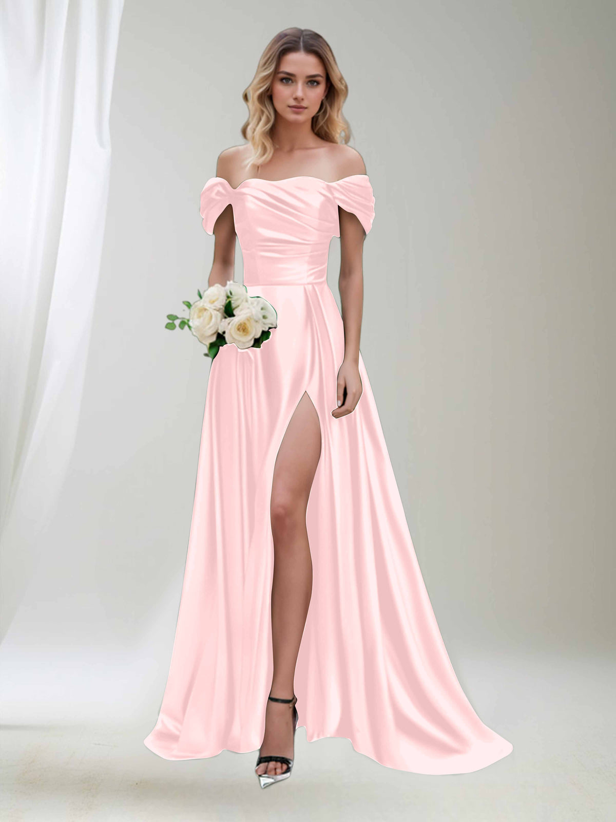 Coral Pink Satin off the shoulder dress with high slit and pearl details