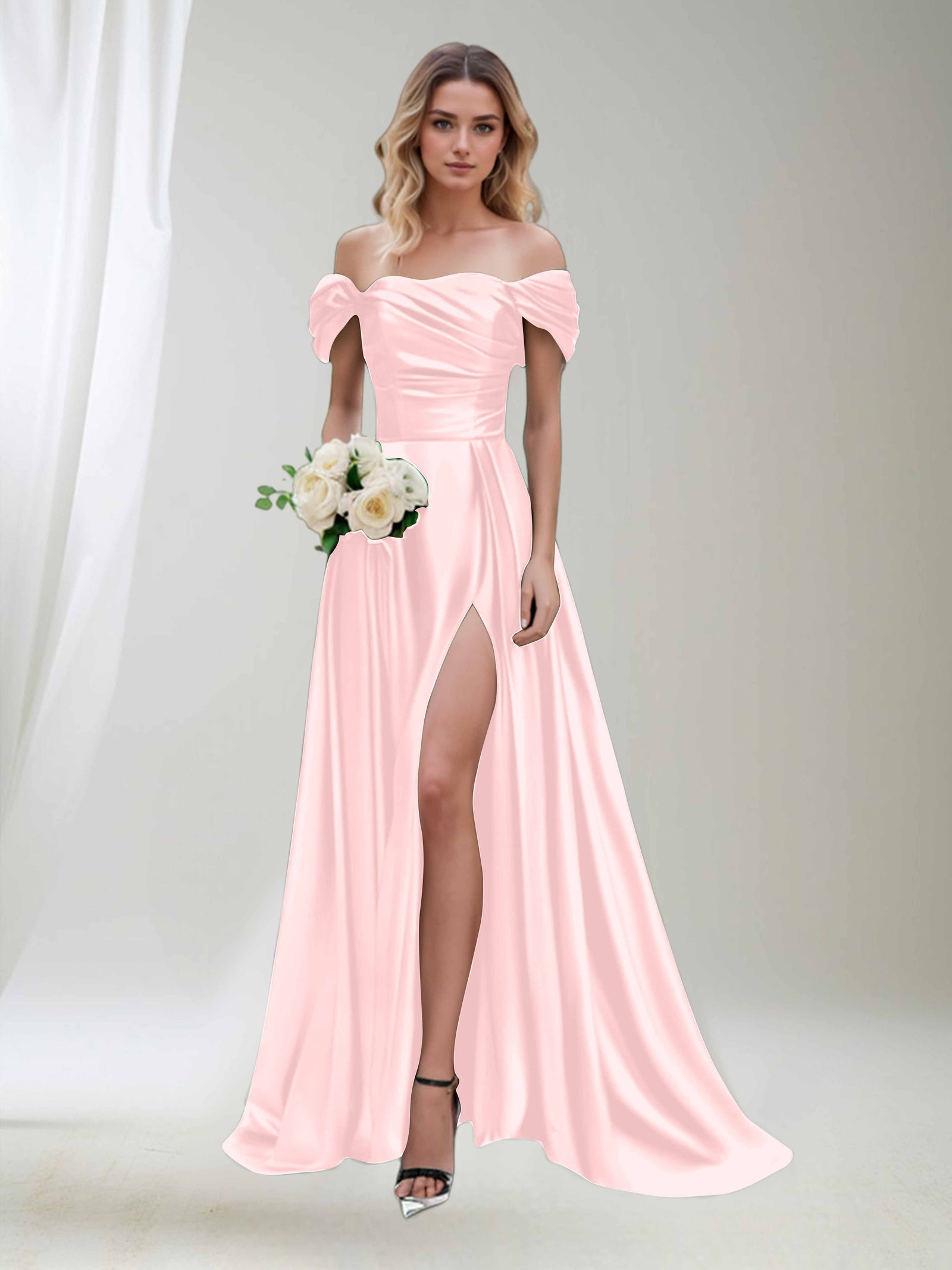 Satin Off Shoulder Ruched Asymmetrical Hem Dress with Slit Cuff main image 0