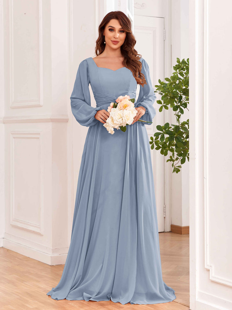 A-line Waist Long Sleeves Chiffon Dresses with Bow Turquoise