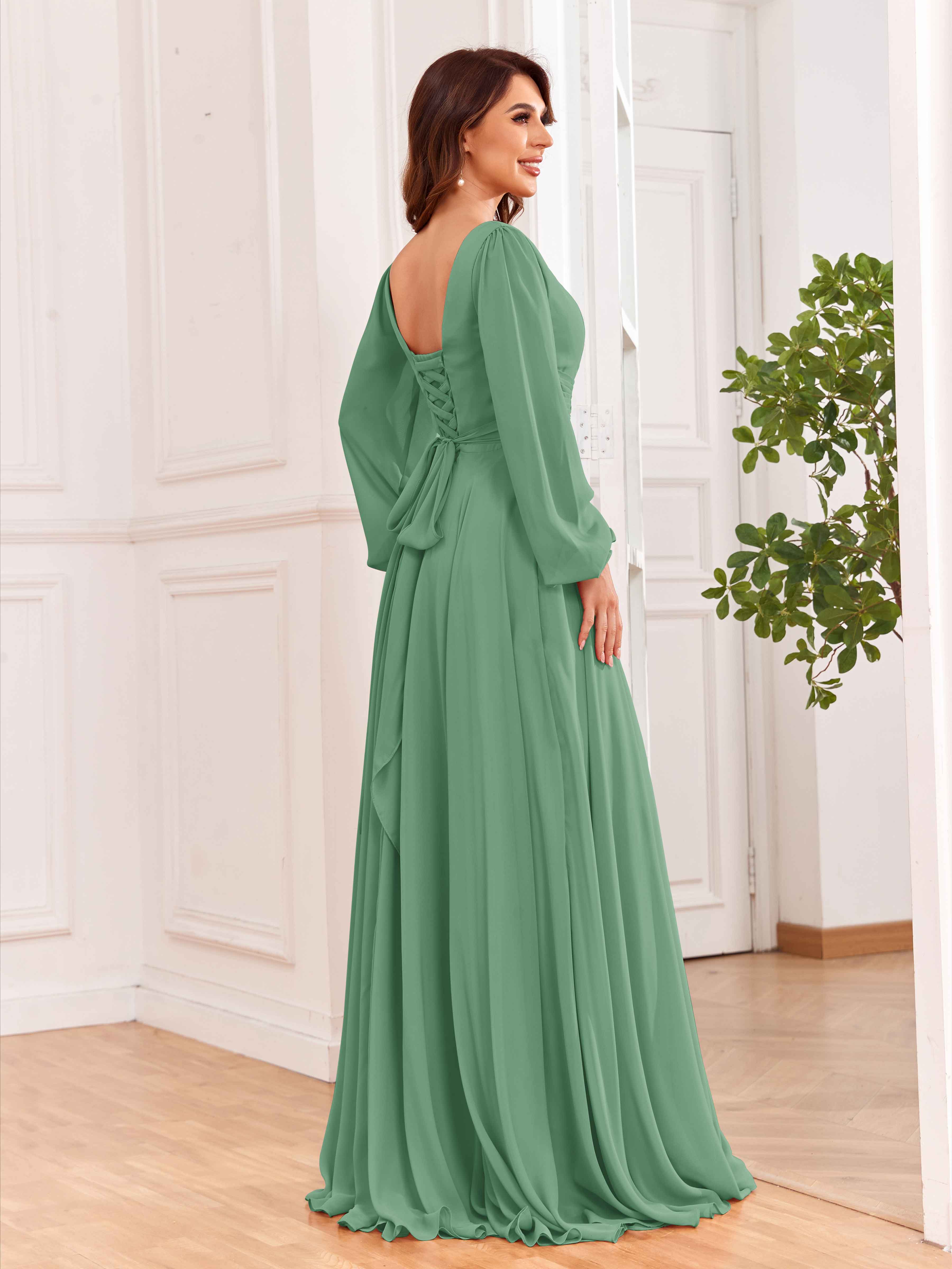 Off Shoulder Emerald Green Lace Long Sleeves Chiffon Bridesmaid
