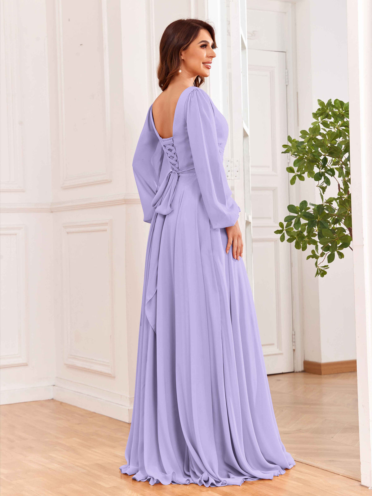 French Knot Waist Long Sleeve Chiffon Gown Dress main image 1