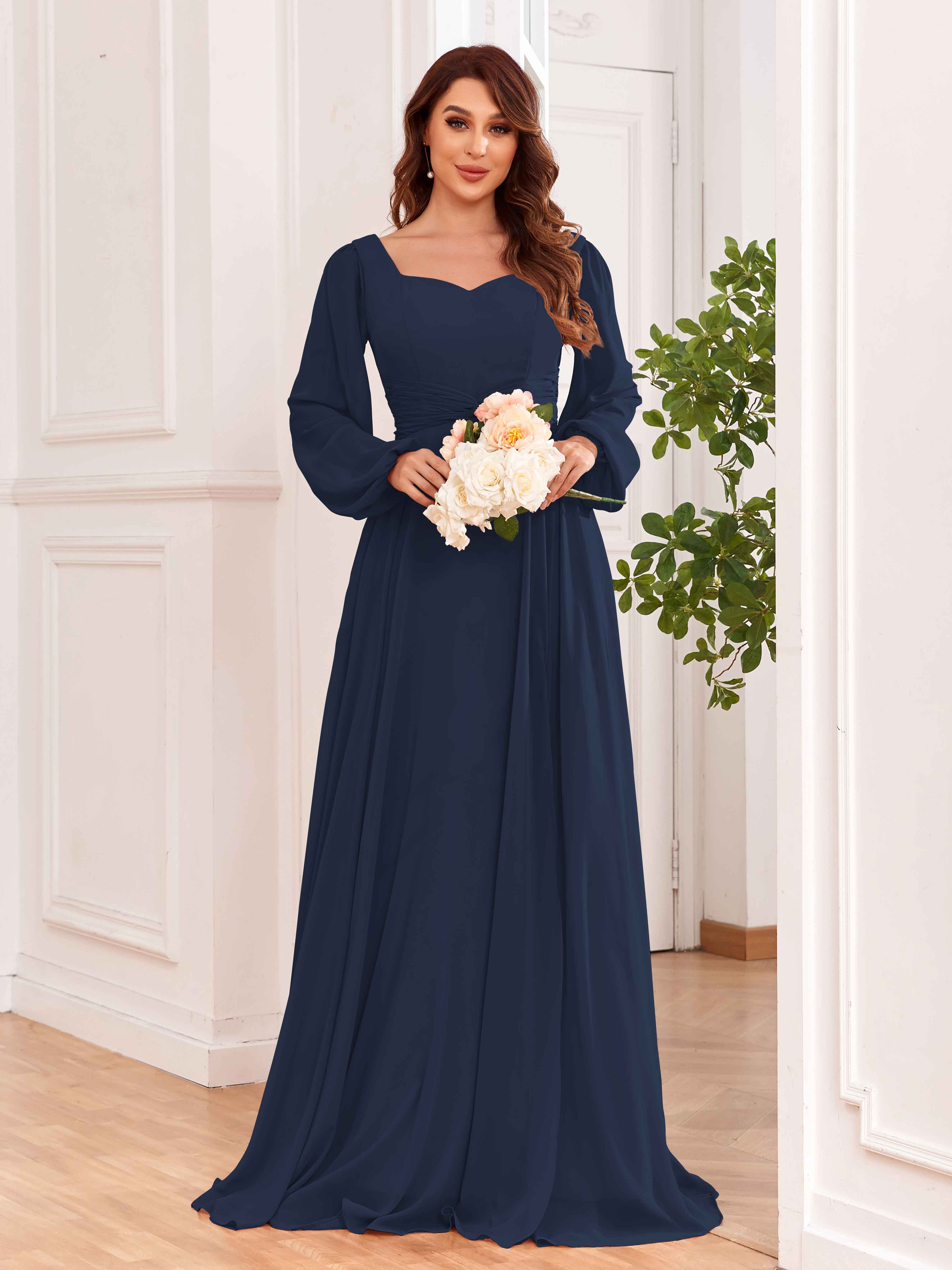 Raelynn Modest A Line Long Sleeves Chiffon Bridesmaid Dresses Navy Blue