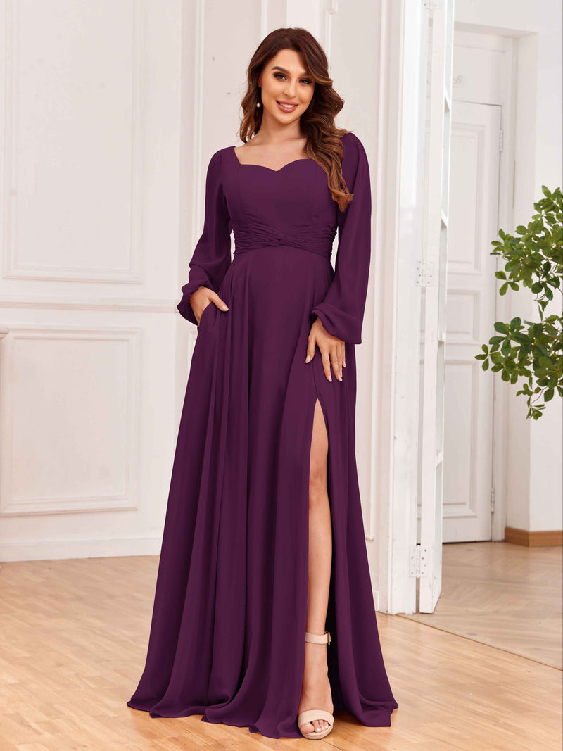 A-line Waist Long Sleeves Chiffon Dresses with Bow Fuchsia