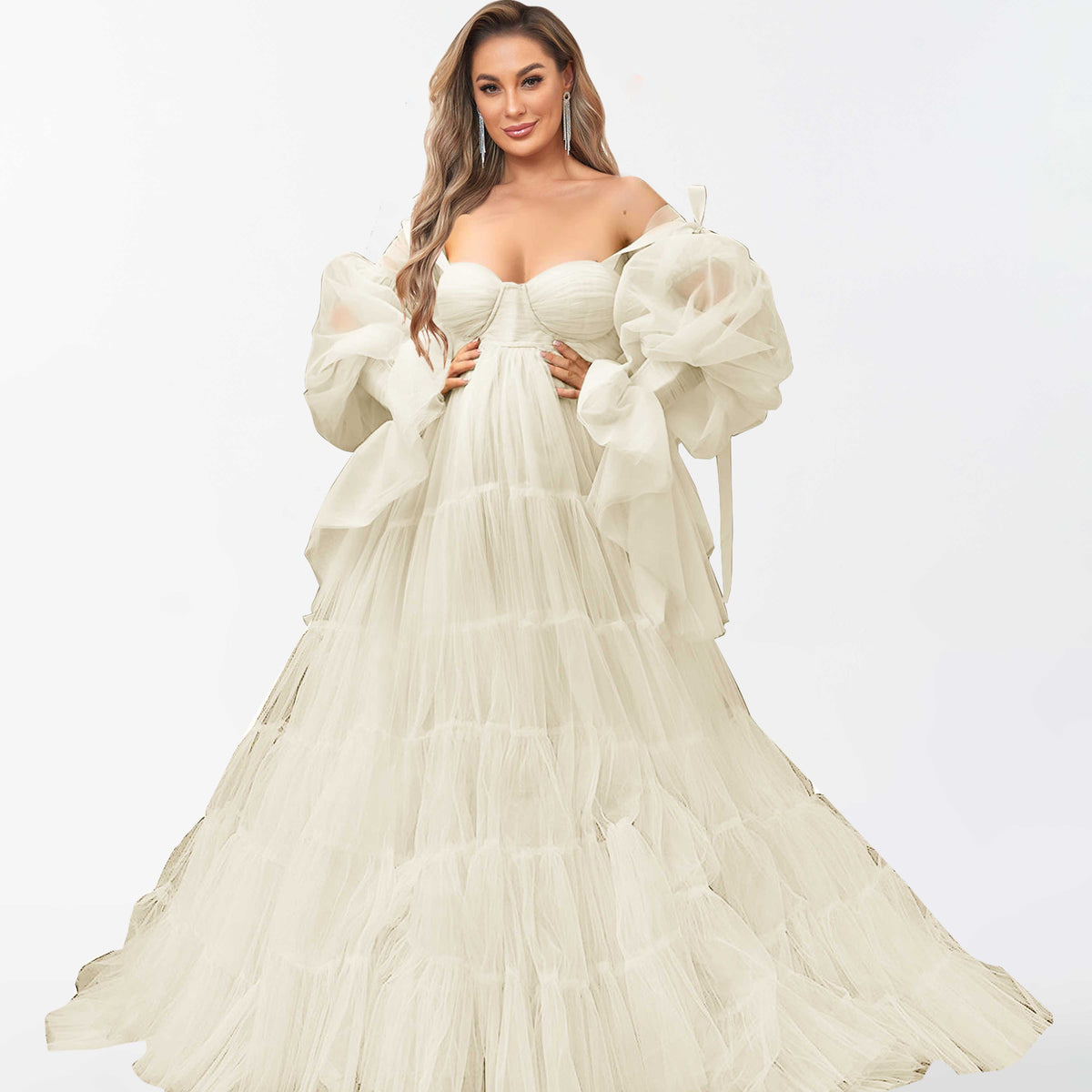 Rowan Fluffy A-Line Tulle Robe Sheer Long Sleeves Maternity Dress for