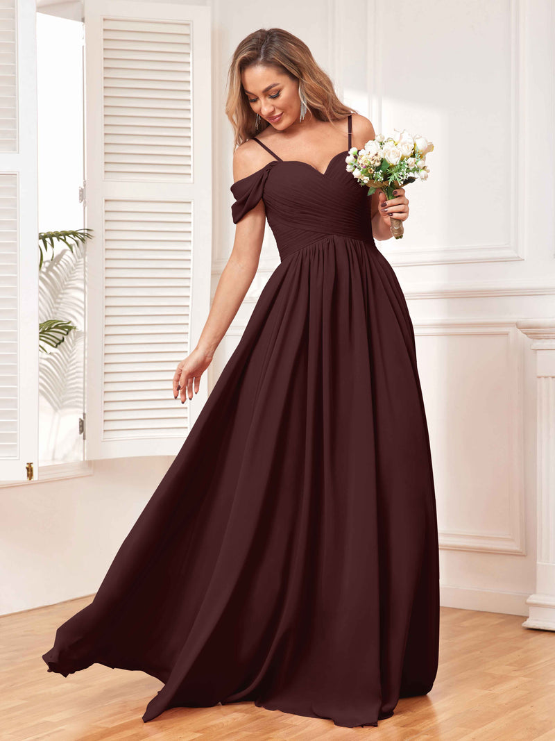 Chiffon Bridesmaid Gown with Slit and Cap Sleeves Cabernet