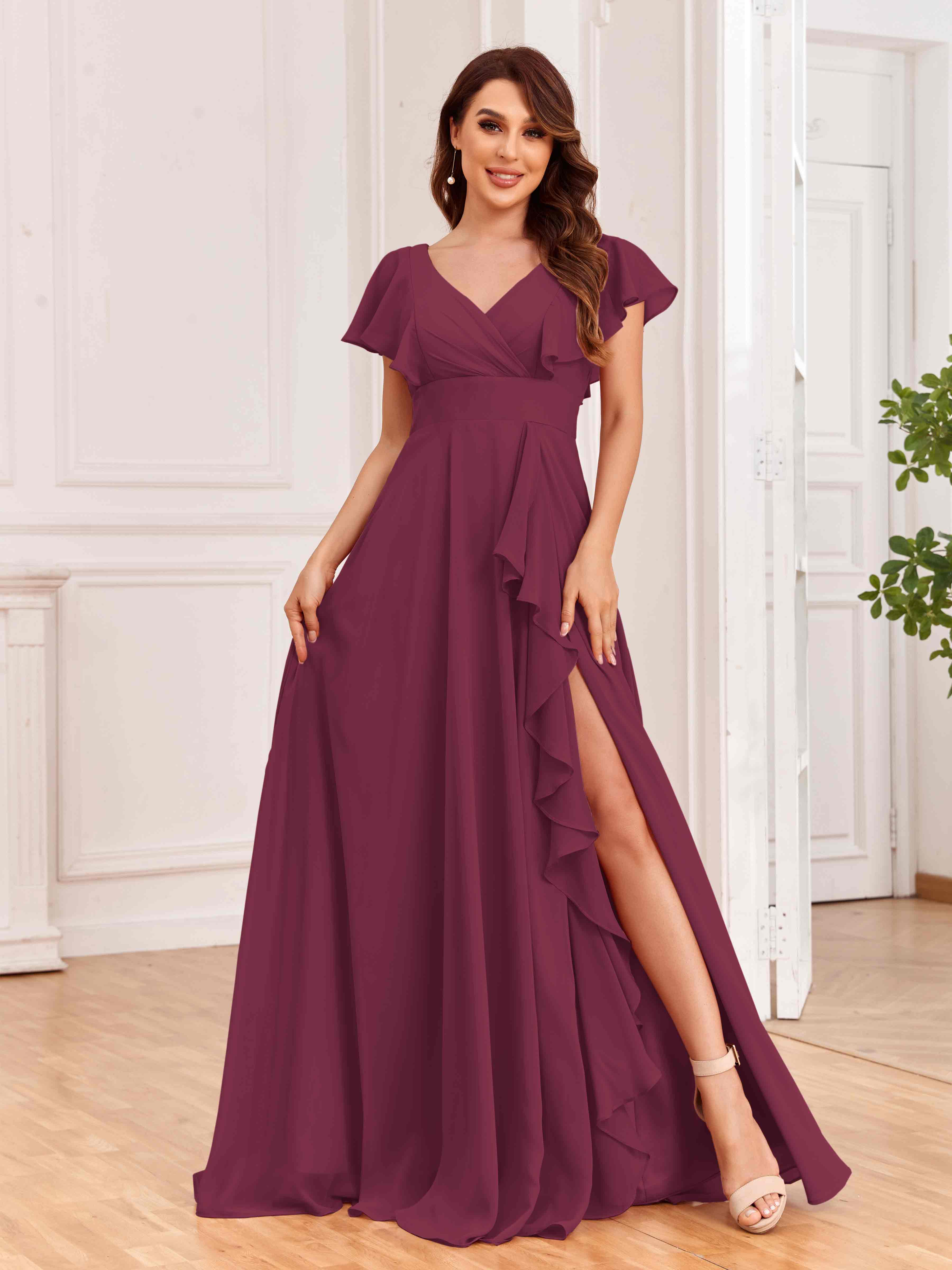 Elegant Deep V Neck Tulle bridesmaid dress-Canyon Rose