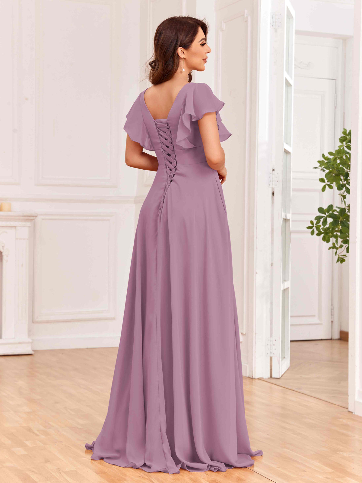 Ruffles V-neck Chiffon Slit Junior Bridesmaid Dresses Vintage Mauve