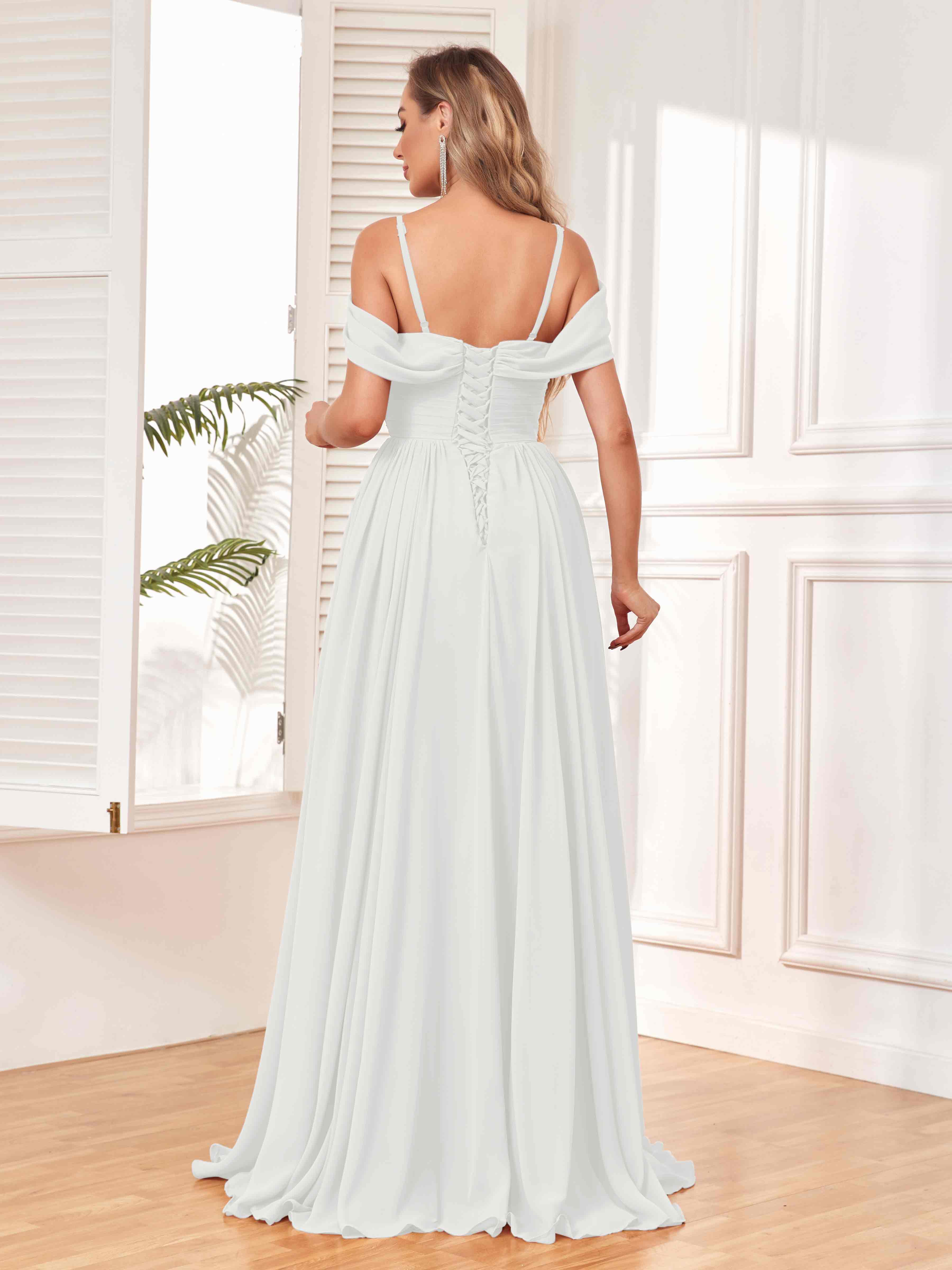 Pleated Chiffon Spaghetti Straps Bridesmaid Dress with Lace Open