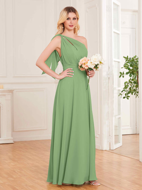 Sloane Sustainable Bow Back Floor Length Chiffon Bridesmaid Dresses