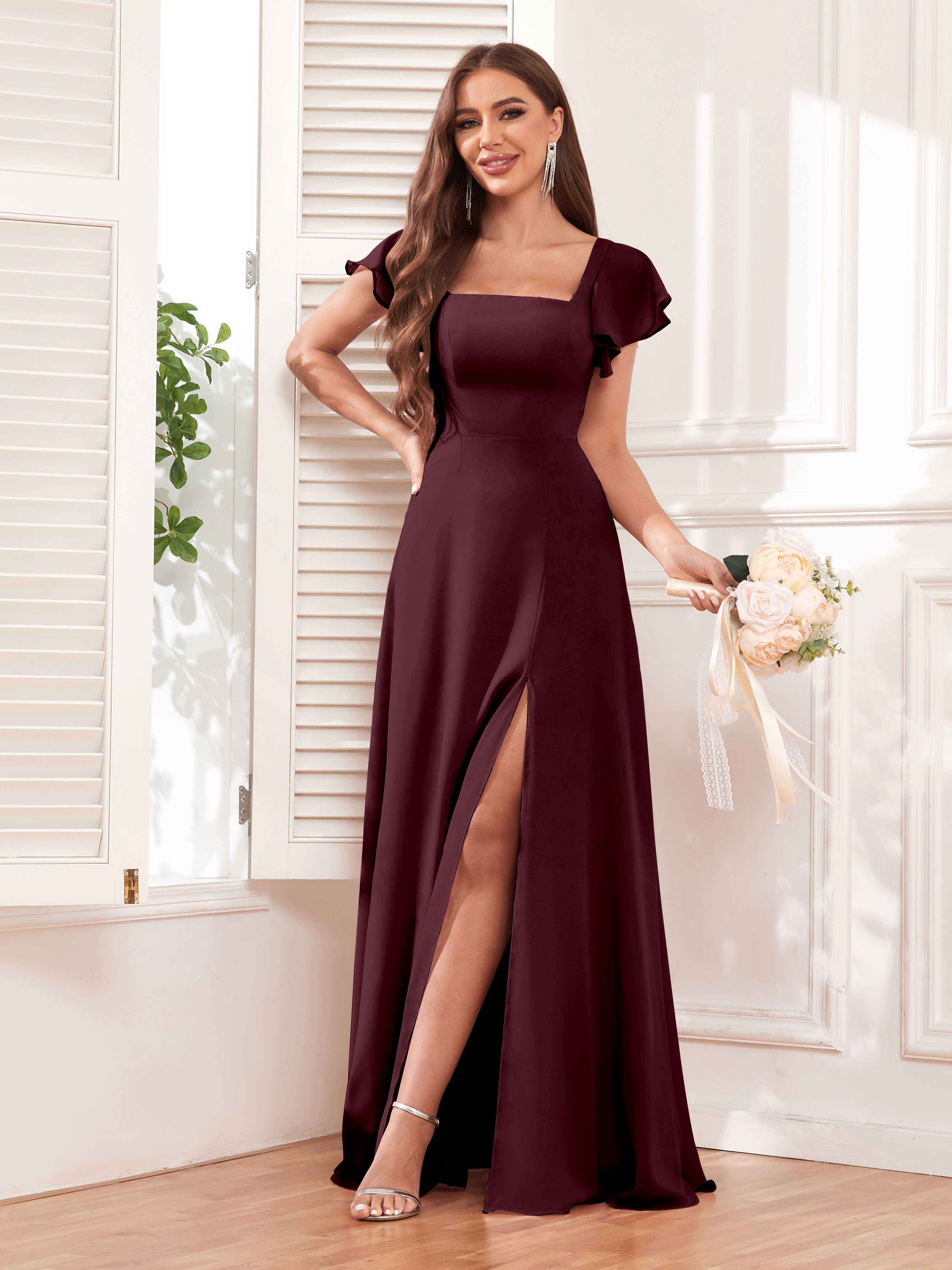 Stevie Elegant Square Neckline Slit Chiffon Bridesmaid Dresses