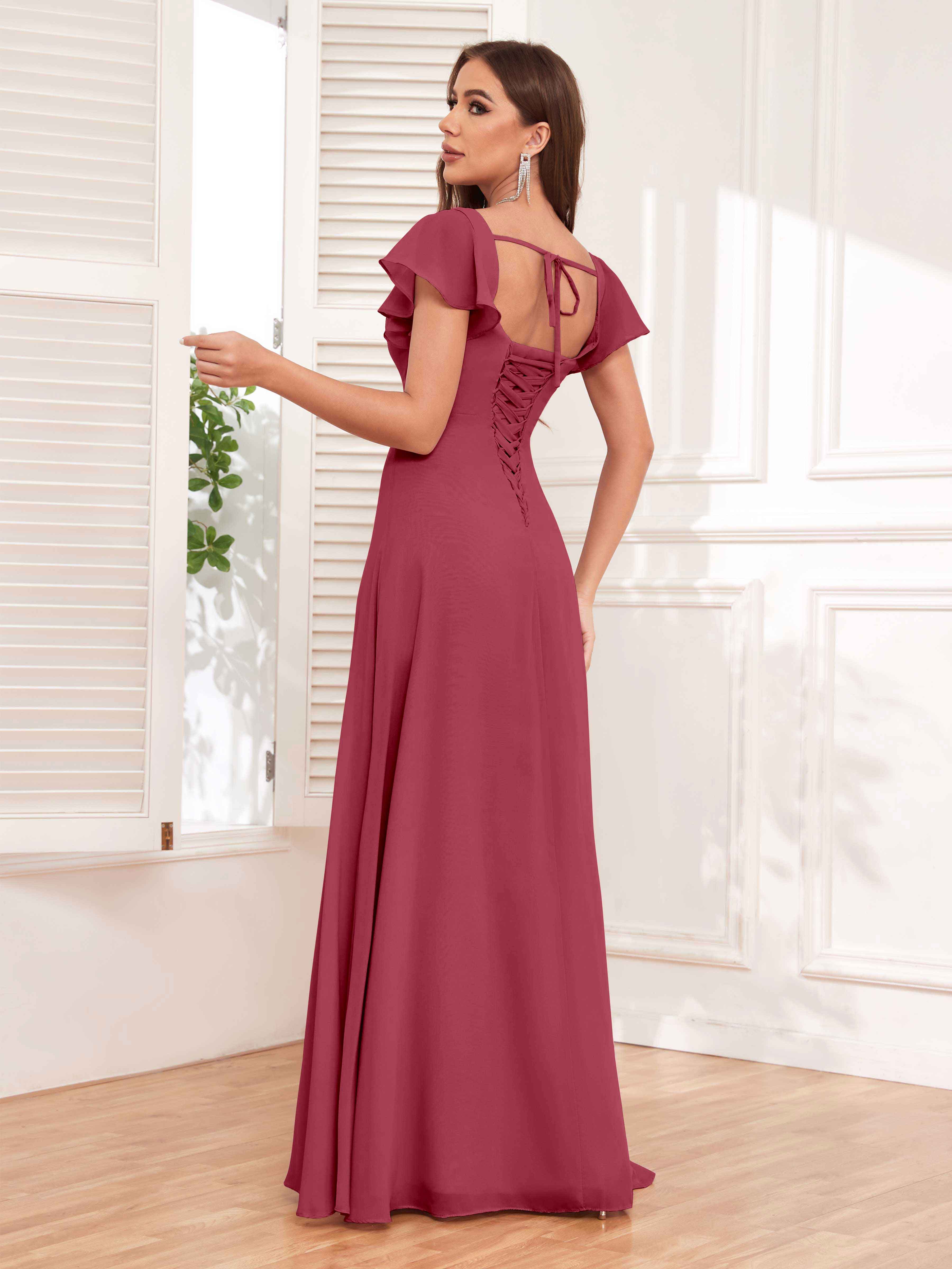 Stevie Elegant Square Neckline Slit Chiffon Bridesmaid Dresses