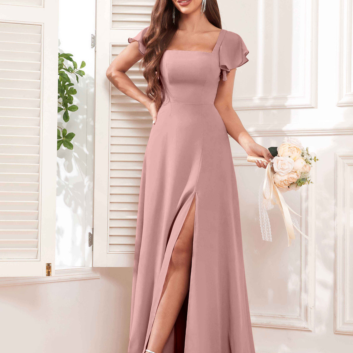 Stevie Elegant Square Neckline Slit Chiffon Bridesmaid Dresses, Candy Pink
