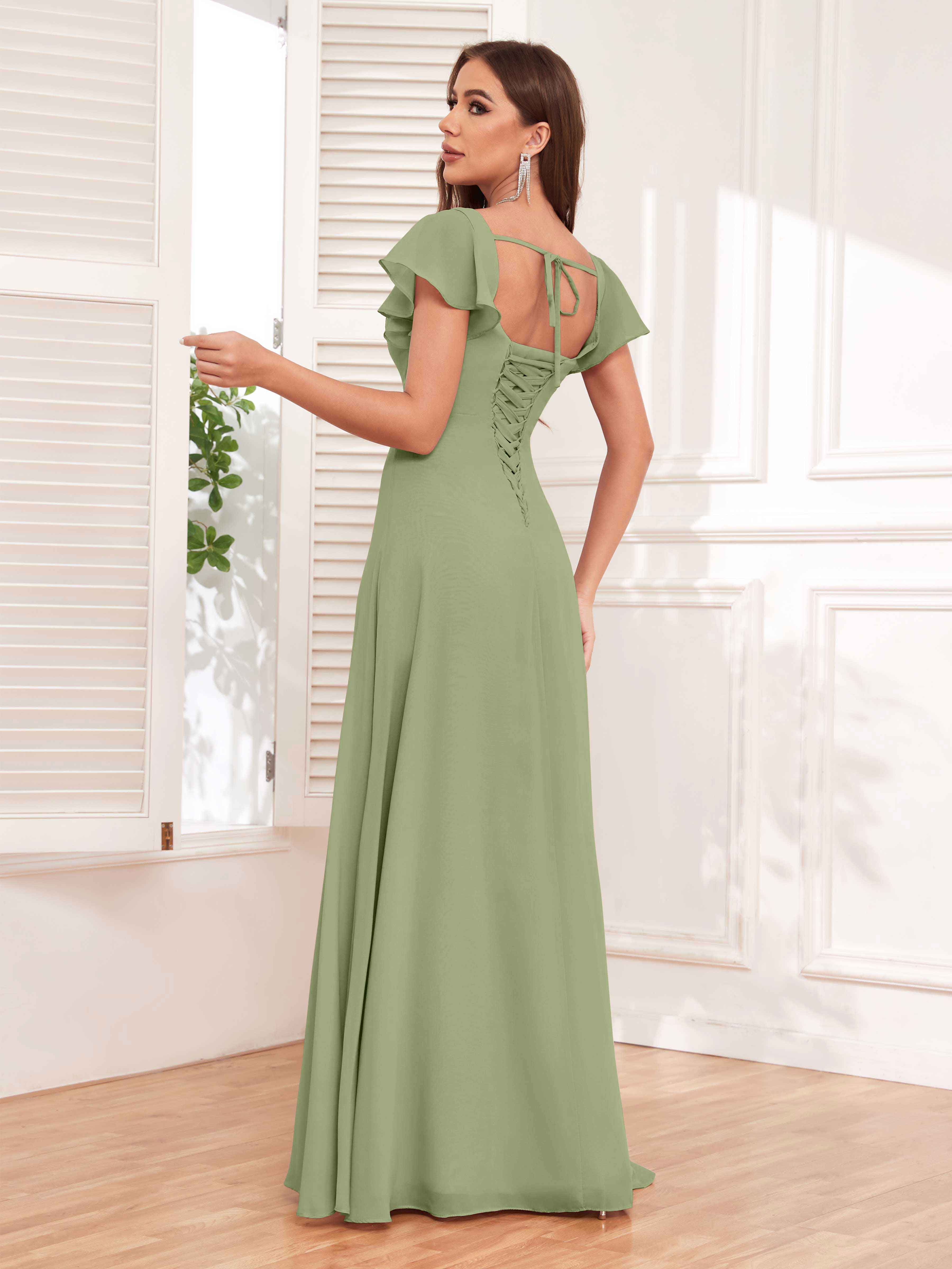 Stevie Elegant Square Neckline Slit Chiffon Bridesmaid Dresses