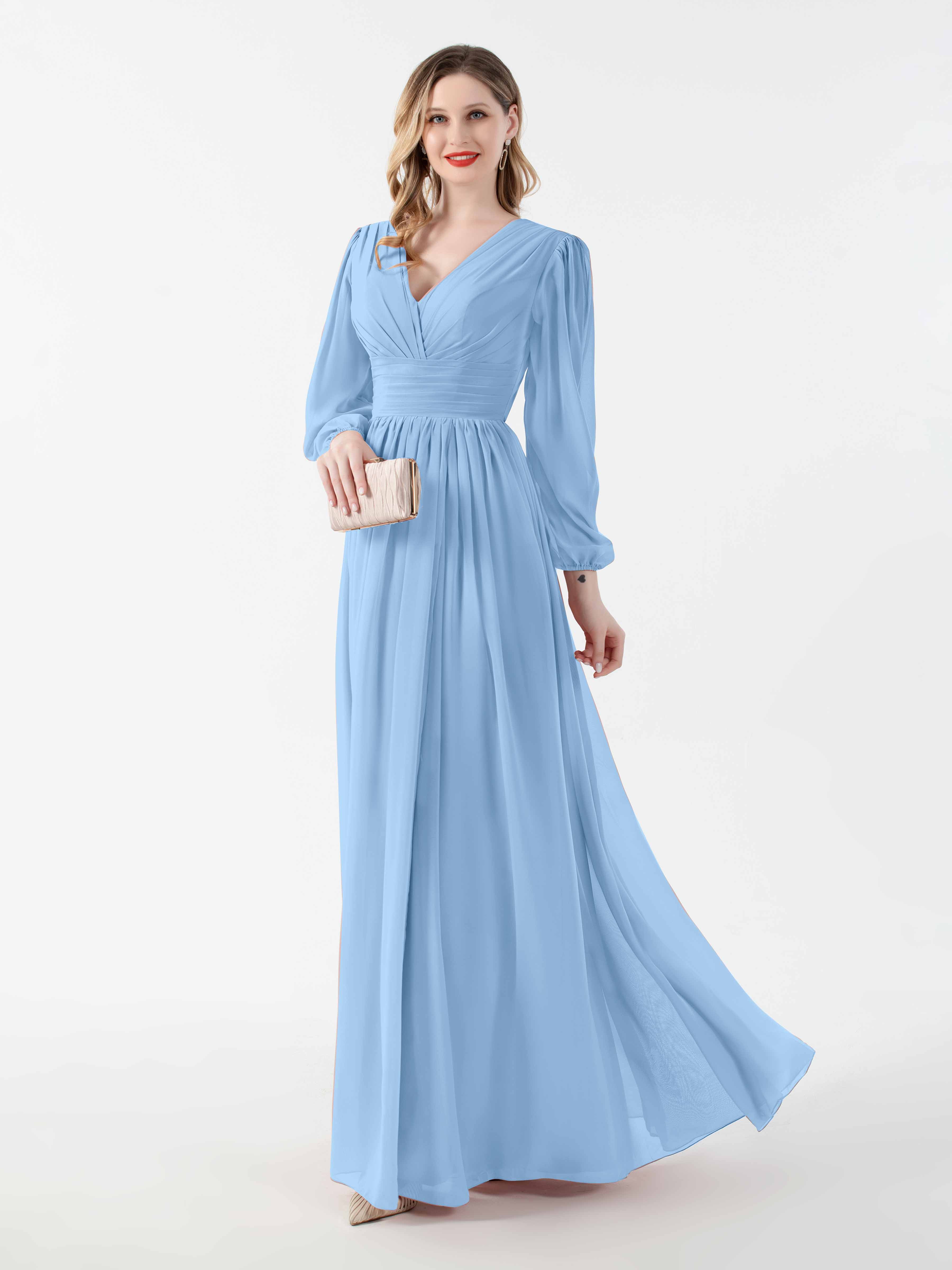 Powder blue chiffon long dress/ powder blue mother of the bride dress/ long sleeved dress/ long formal dress/ long maxi offers wrap dress